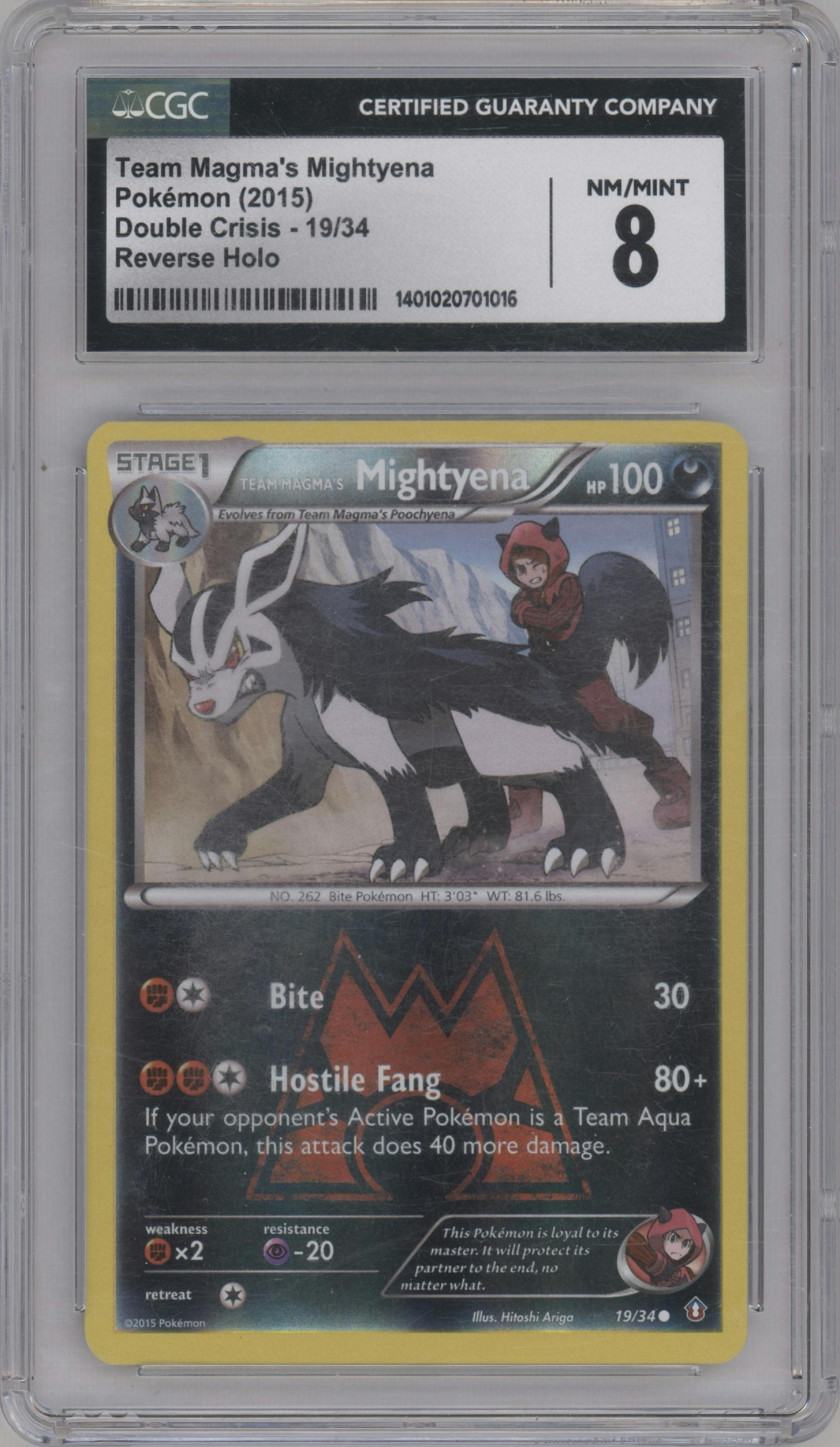 Team Magma's Mightyena from the 2015 Pokemon XY set featuring a Rev.Foil parallel graded by CSG and given an overall grade of 8.