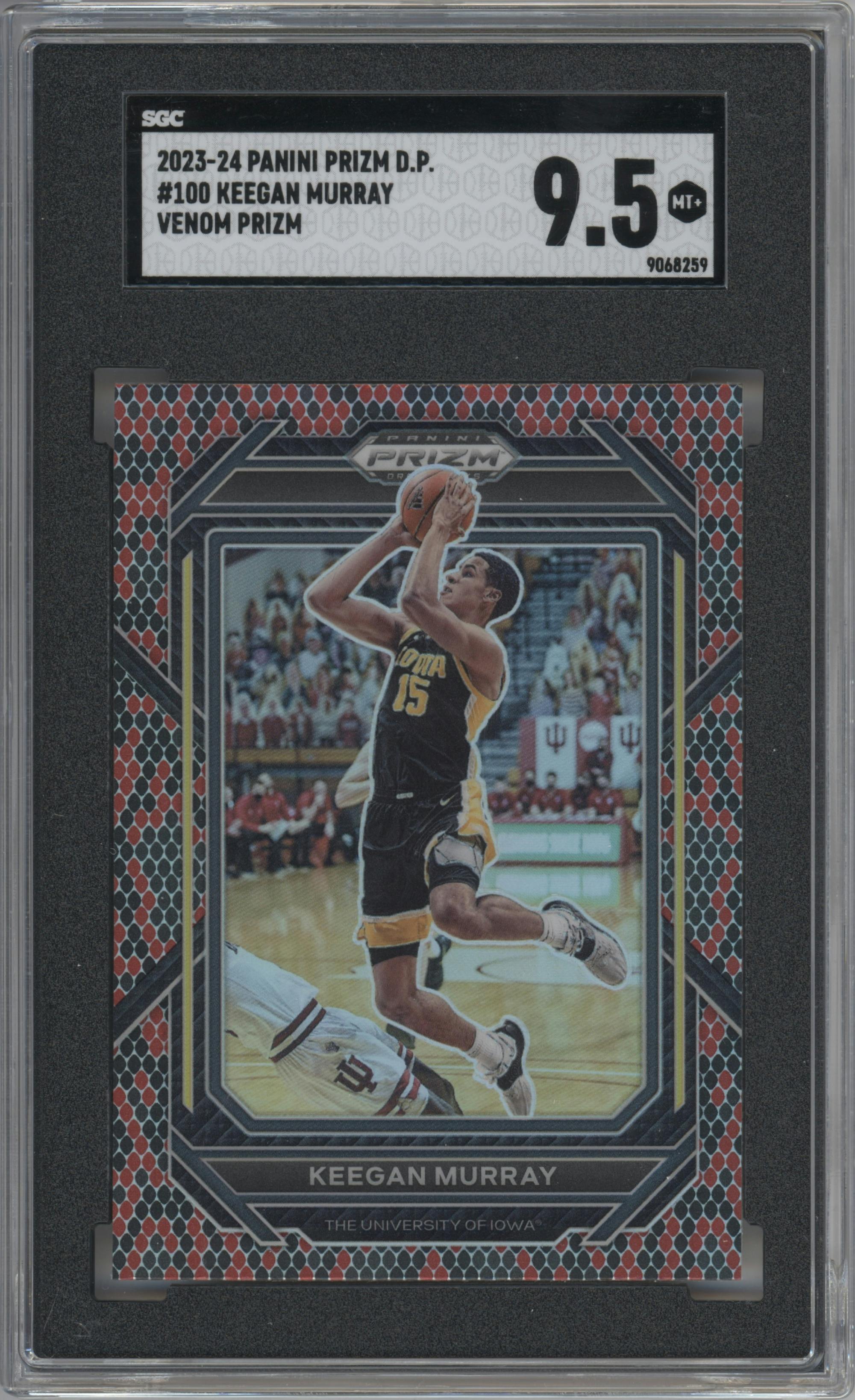 Keegan Murray from the 2023-24 Panini Prizm Draft Picks set featuring a Venom parallel graded by SGC and given an overall grade of 9.5.