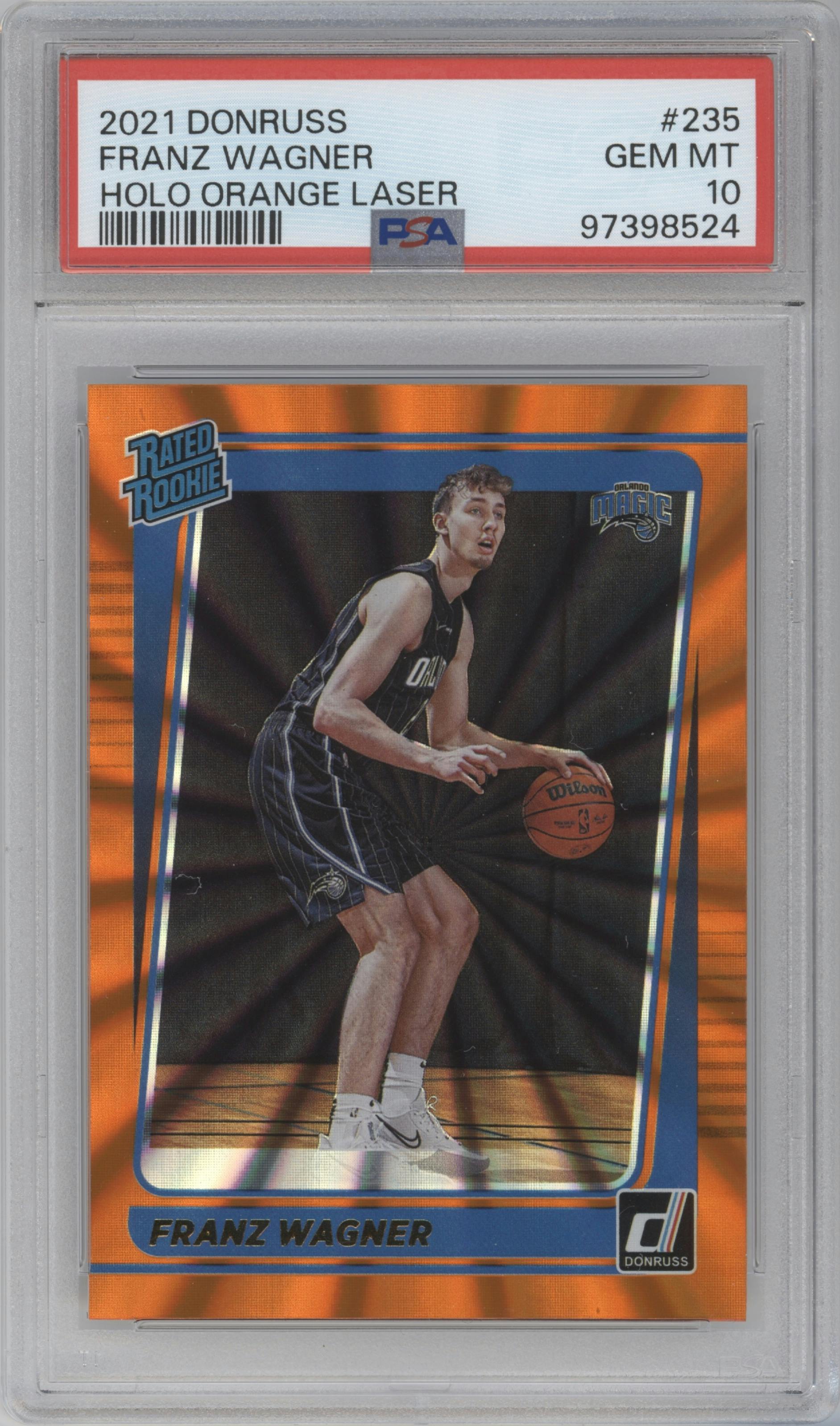Franz Wagner from the 2021-22 Panini Donruss set featuring a Orange Holo Laser parallel graded by PSA and given an overall grade of 10.