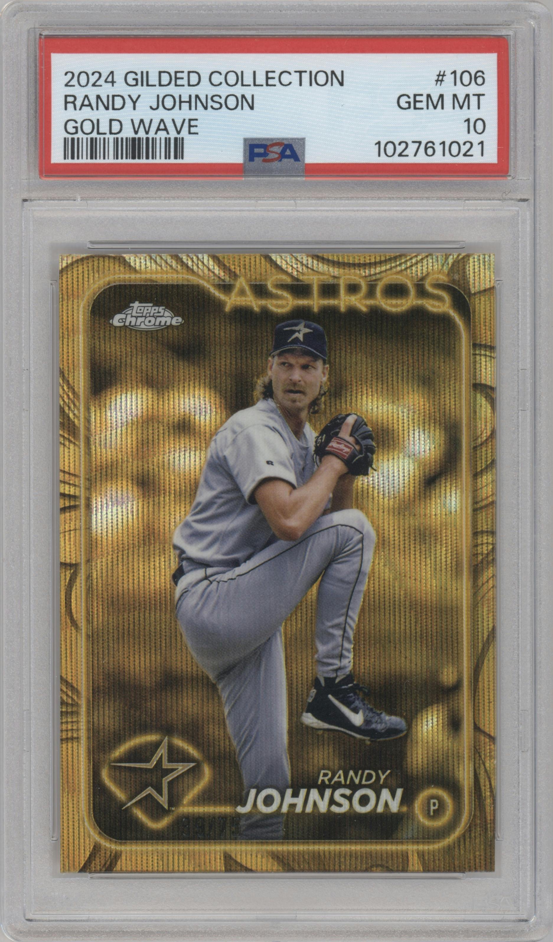 Randy Johnson from the 2024 Topps Gilded Collection set featuring a Gold Wave Refractor parallel graded by PSA and given an overall grade of 10.