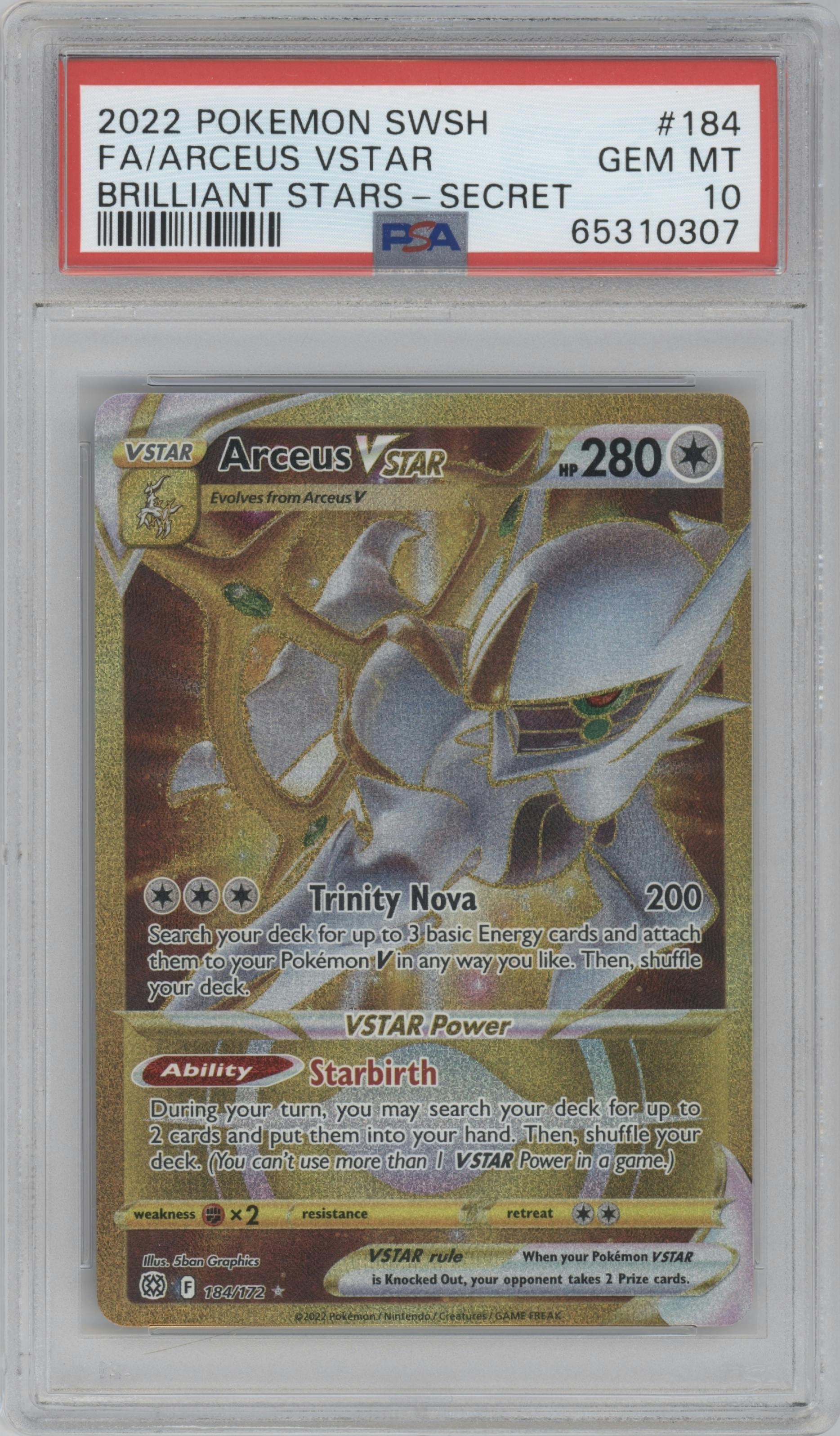 Arceus VStar from the 2022 Pokemon SWSH set graded by PSA and given an overall grade of 10.