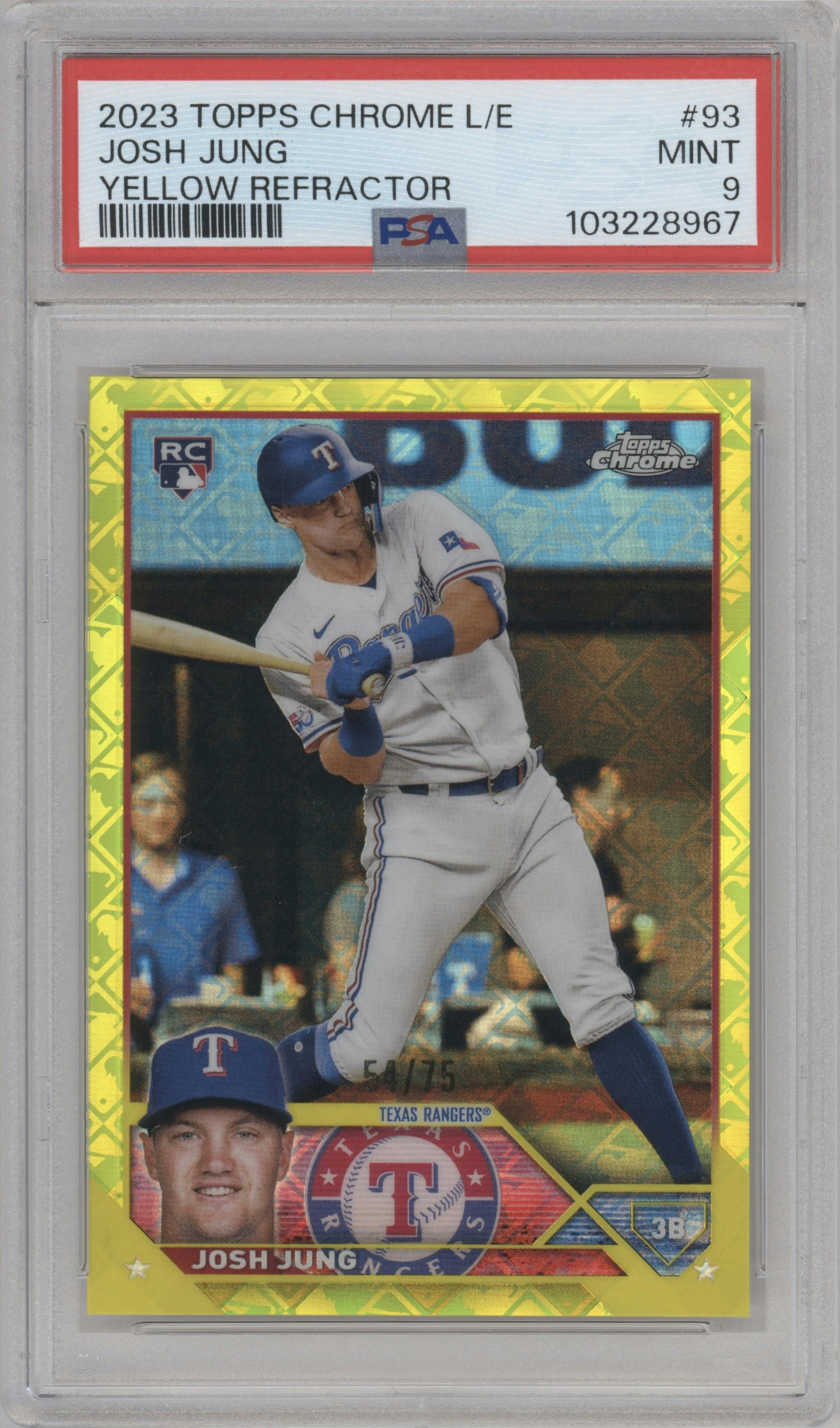 Josh Jung from the 2023 Topps Chrome Logofractor Edition set featuring a Yellow Refractor parallel graded by PSA and given an overall grade of 9.