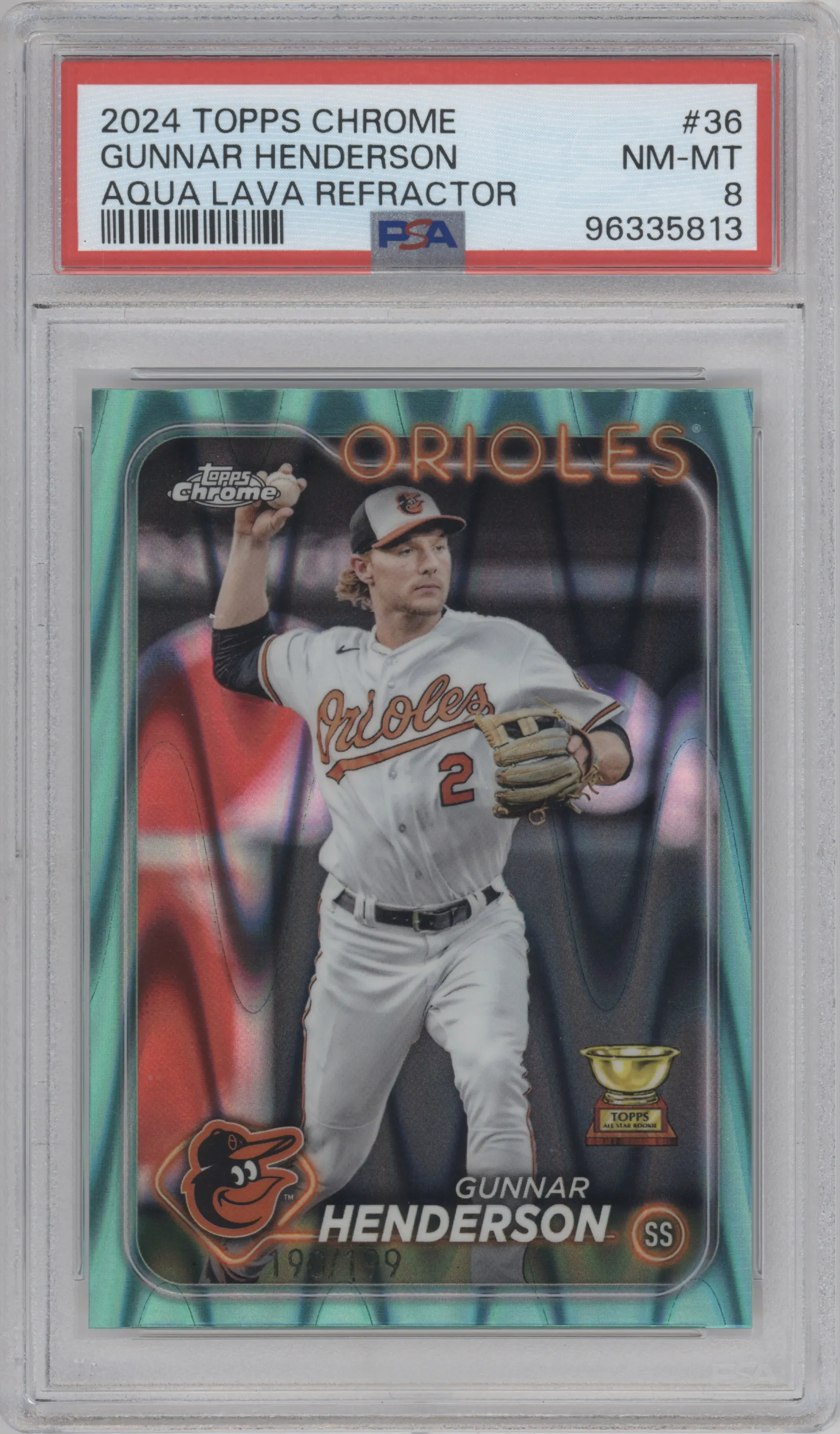 Gunnar Henderson from the 2024 Topps Chrome set featuring a Aqua Raywave Refractor parallel graded by PSA and given an overall grade of 8.