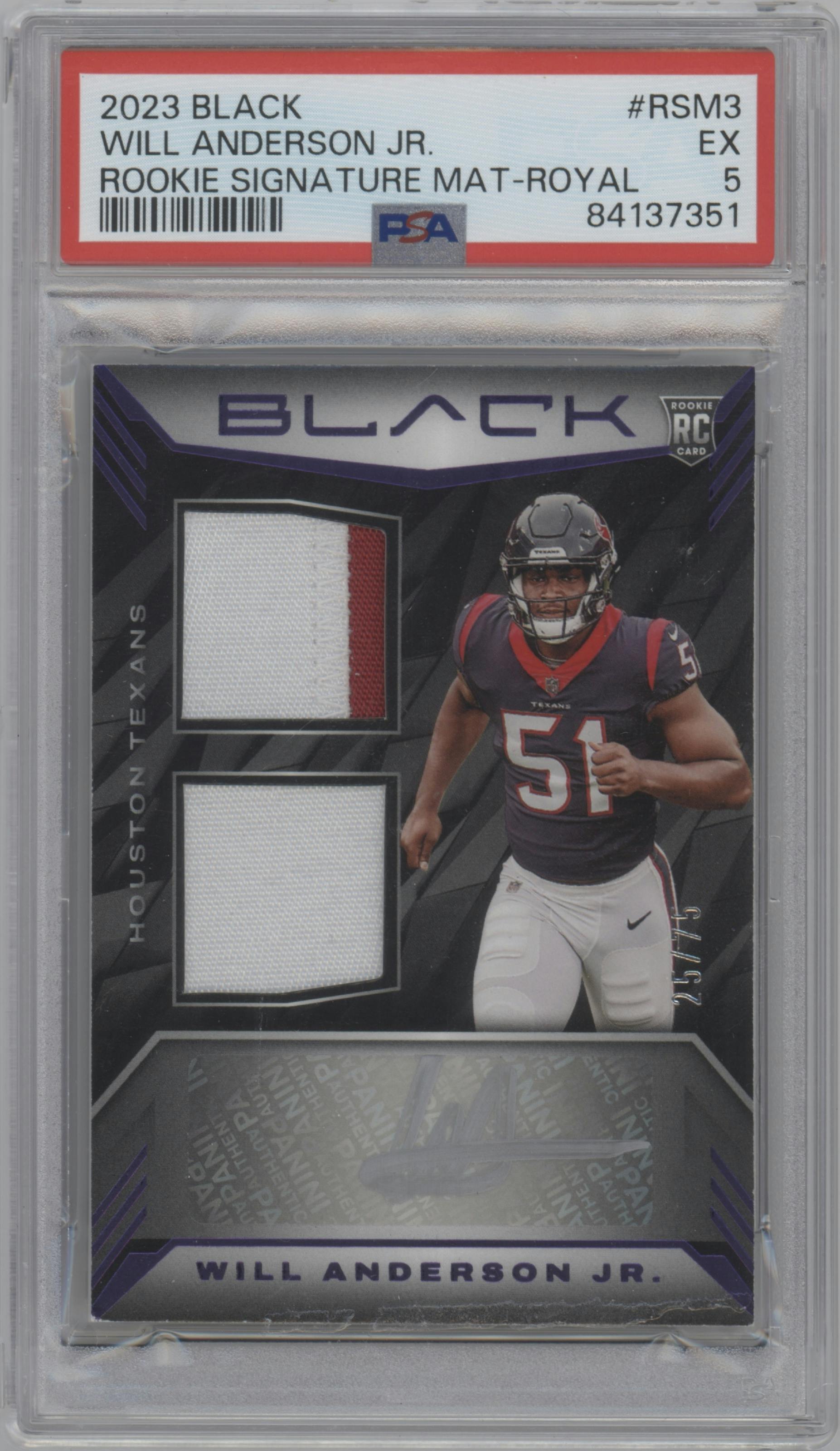 Will Anderson Jr. from the 2023 Panini Black set featuring a Royal parallel graded by PSA and given an overall grade of 5.