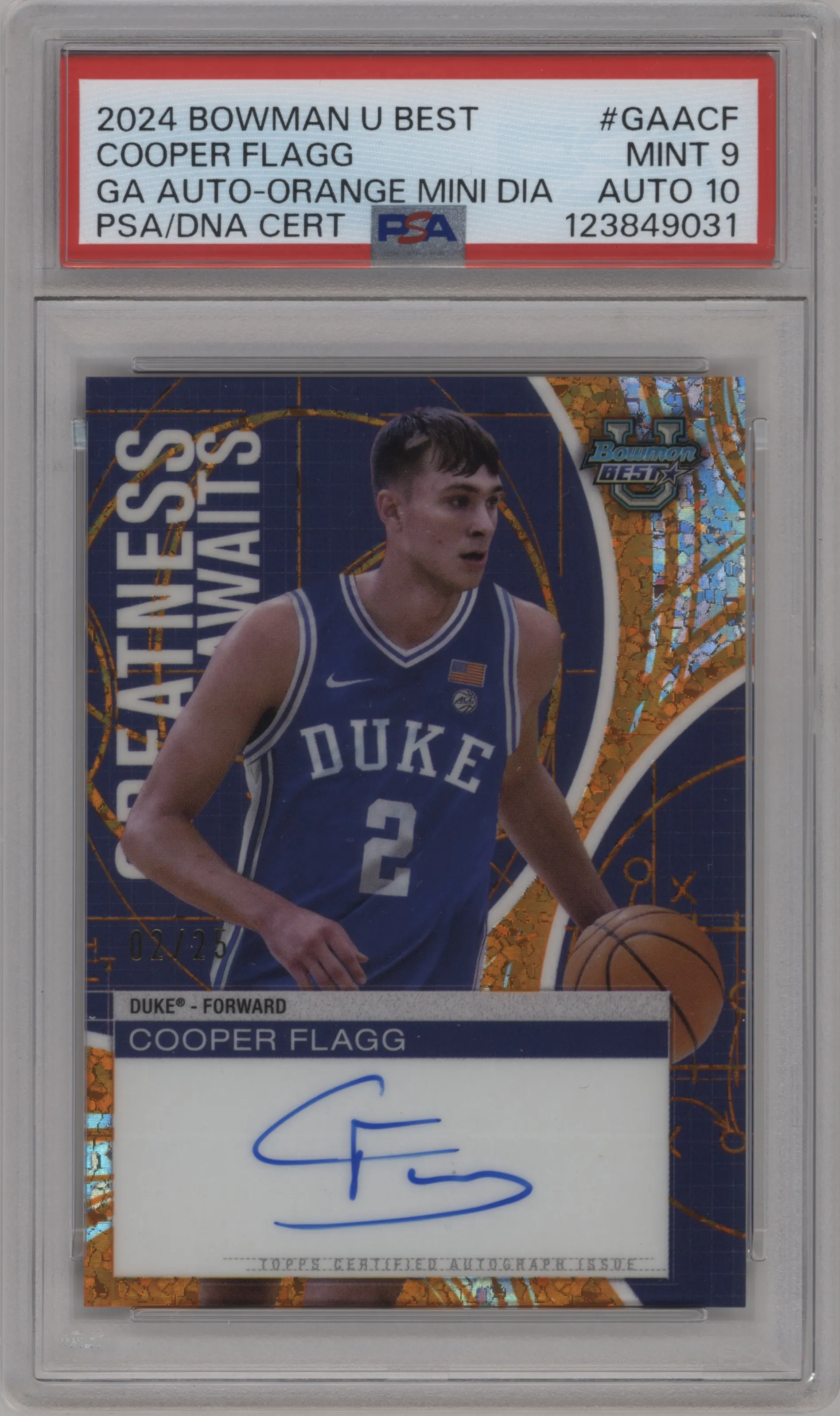 2024 Bowman's Best University Greatness Awaits Auto Cooper Flagg Orange Mini-Diamond Refractor #GAA-CF PSA 9