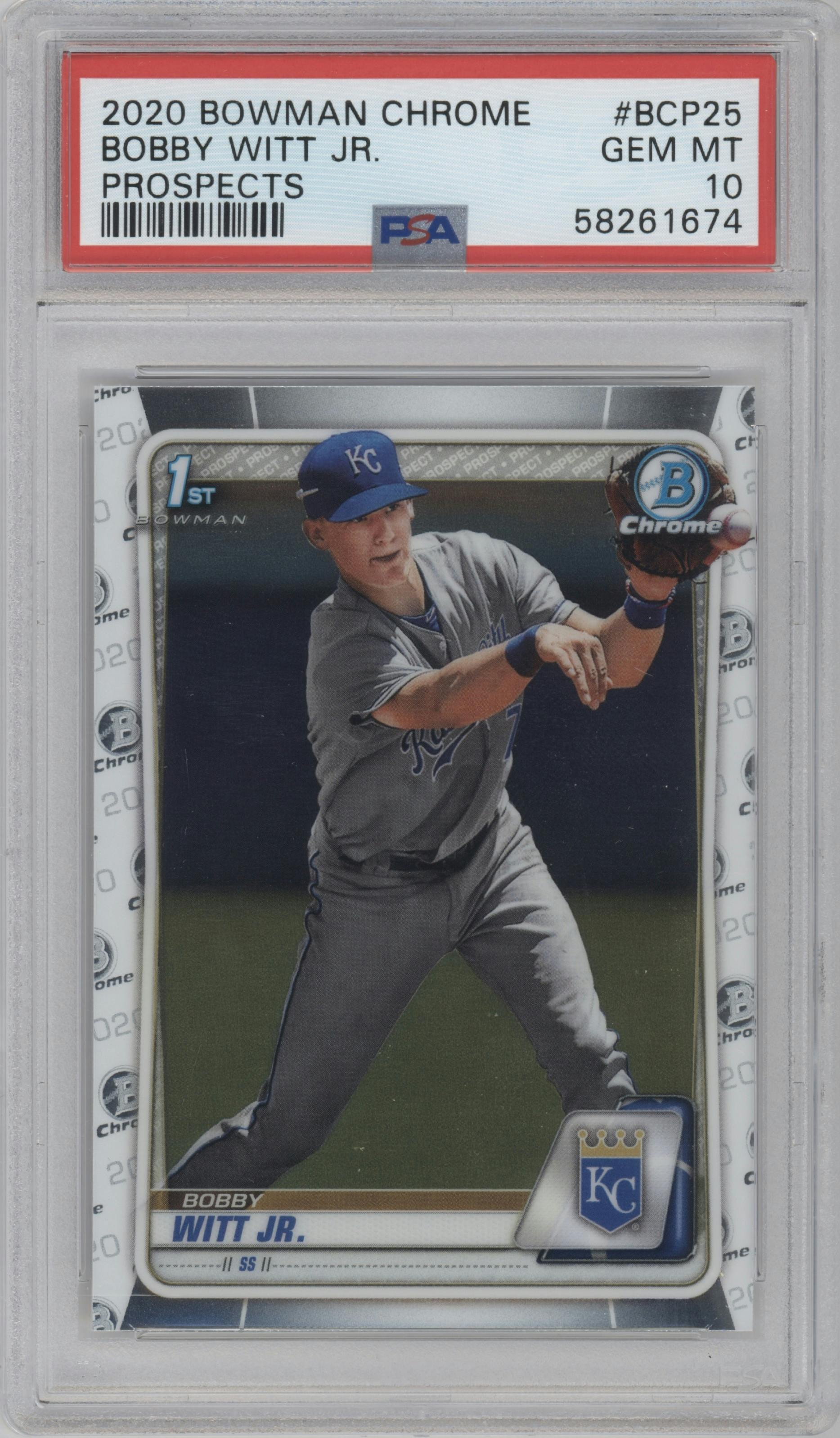 Bobby Witt Jr. from the 2020 Bowman set graded by PSA and given an overall grade of 10.