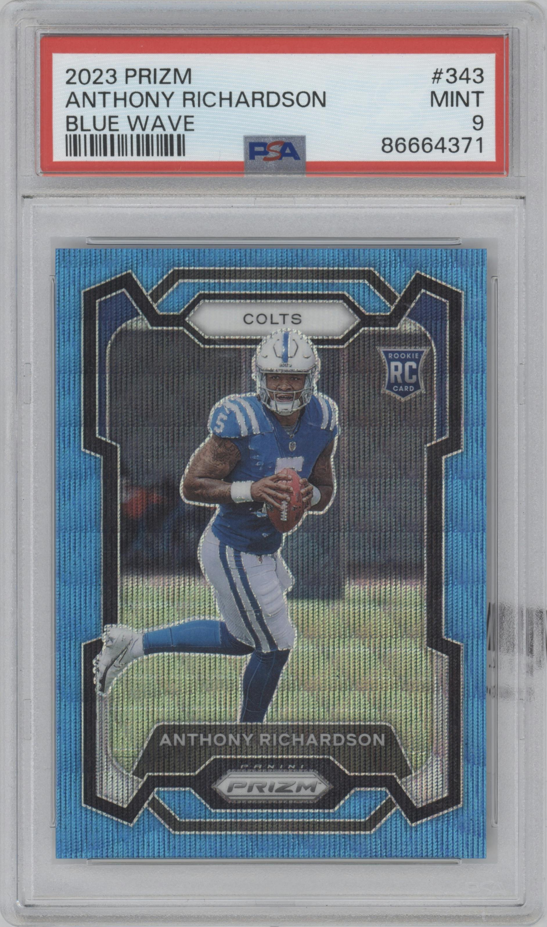 Anthony Richardson from the 2023 Panini Prizm set featuring a  Blue Wave  parallel graded by PSA and given an overall grade of 9.