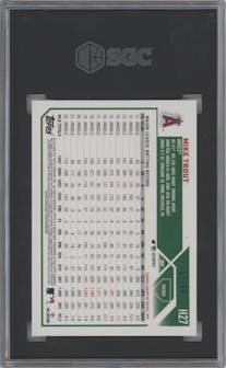 Mike Trout from the 2023 Topps Holiday set featuring a Red Metallic parallel graded by SGC and given an overall grade of 9.