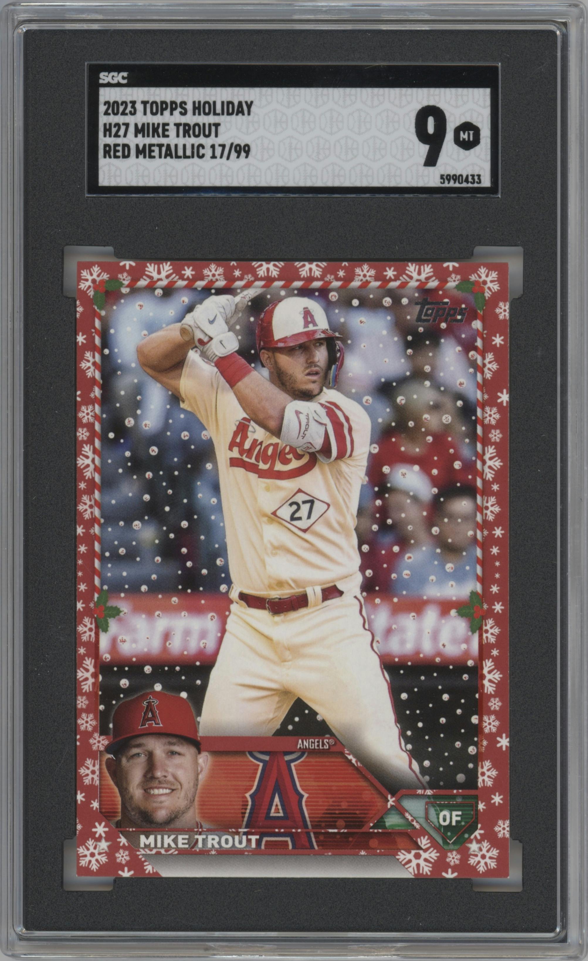 Mike Trout from the 2023 Topps Holiday set featuring a Red Metallic parallel graded by SGC and given an overall grade of 9.