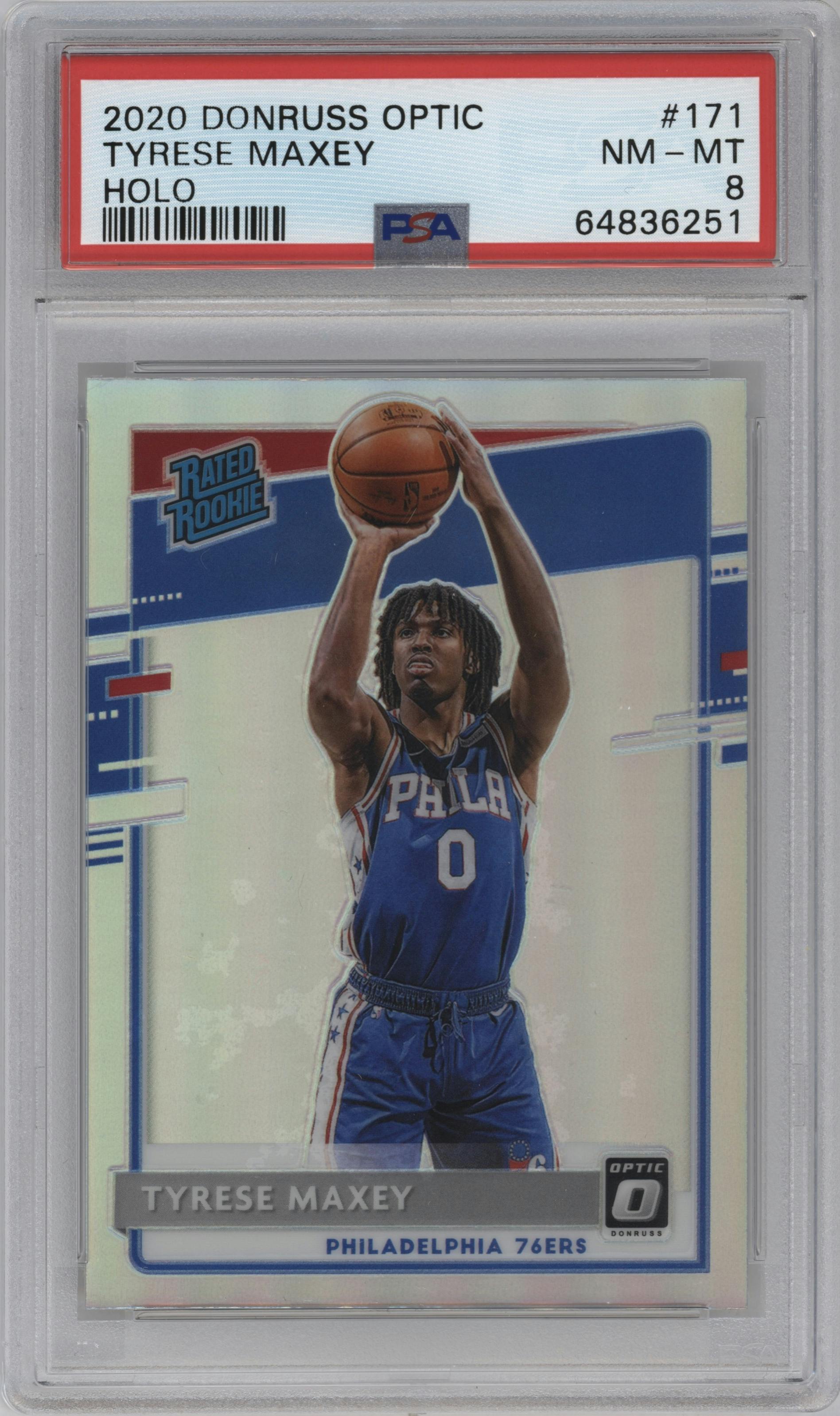 Tyrese Maxey from the 2020-21 Panini Donruss Optic set featuring a Holo parallel graded by PSA and given an overall grade of 8.