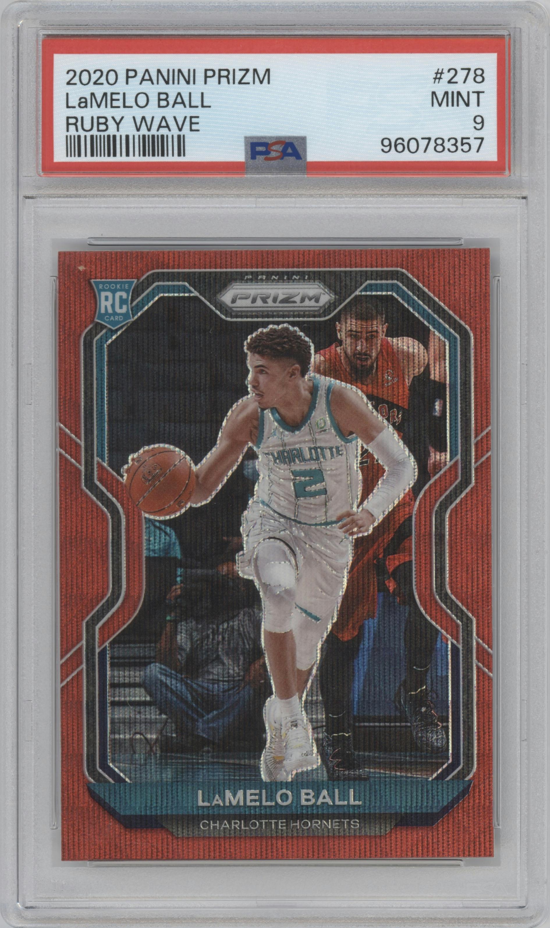 LaMelo Ball from the 2020-21 Panini Prizm set featuring a Ruby Wave parallel graded by PSA and given an overall grade of 9.