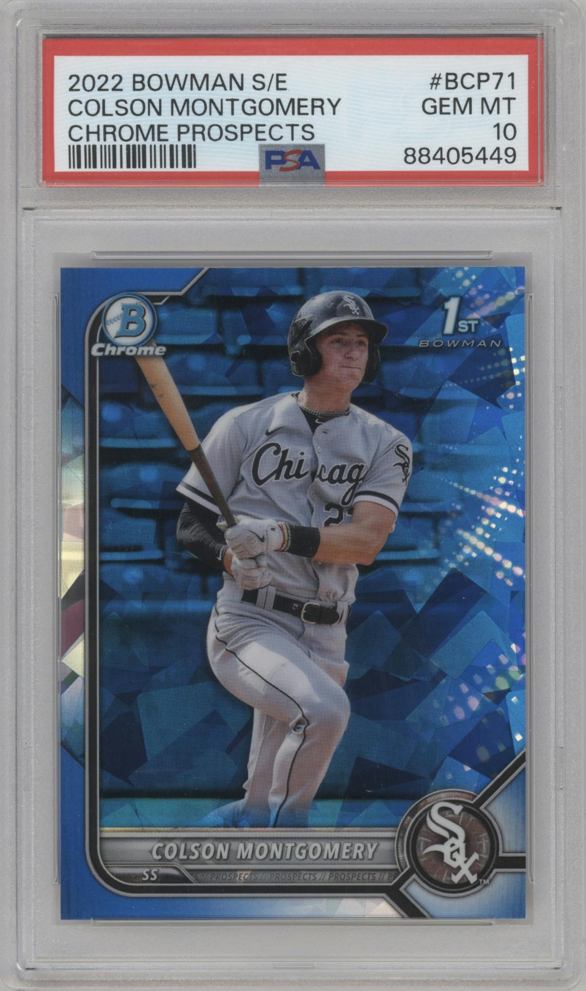 Colson Montgomery from the 2022 Bowman Sapphire Edition set graded by PSA and given an overall grade of 10.