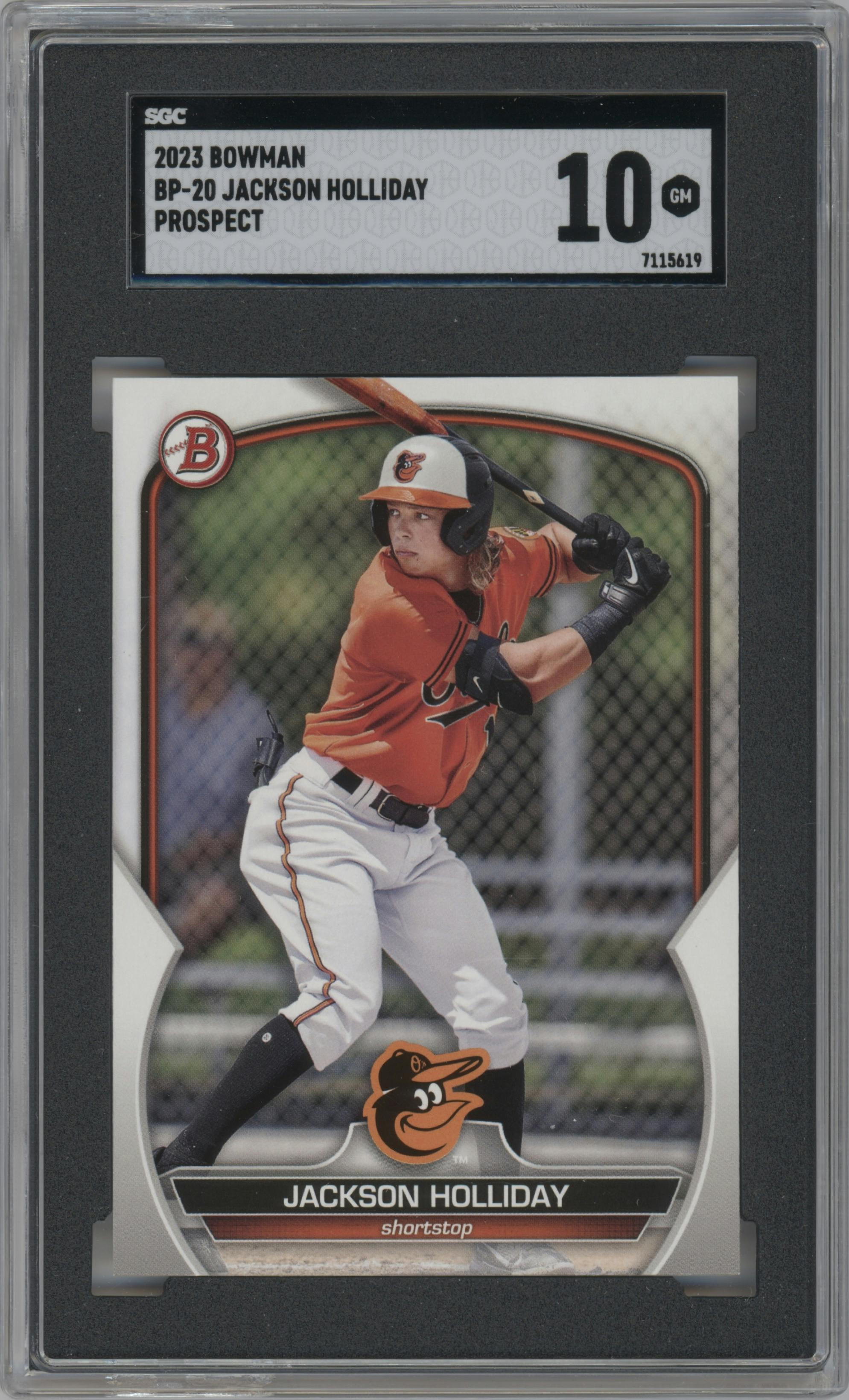 Jackson Holliday from the 2023 Bowman  set graded by SGC and given an overall grade of 10.