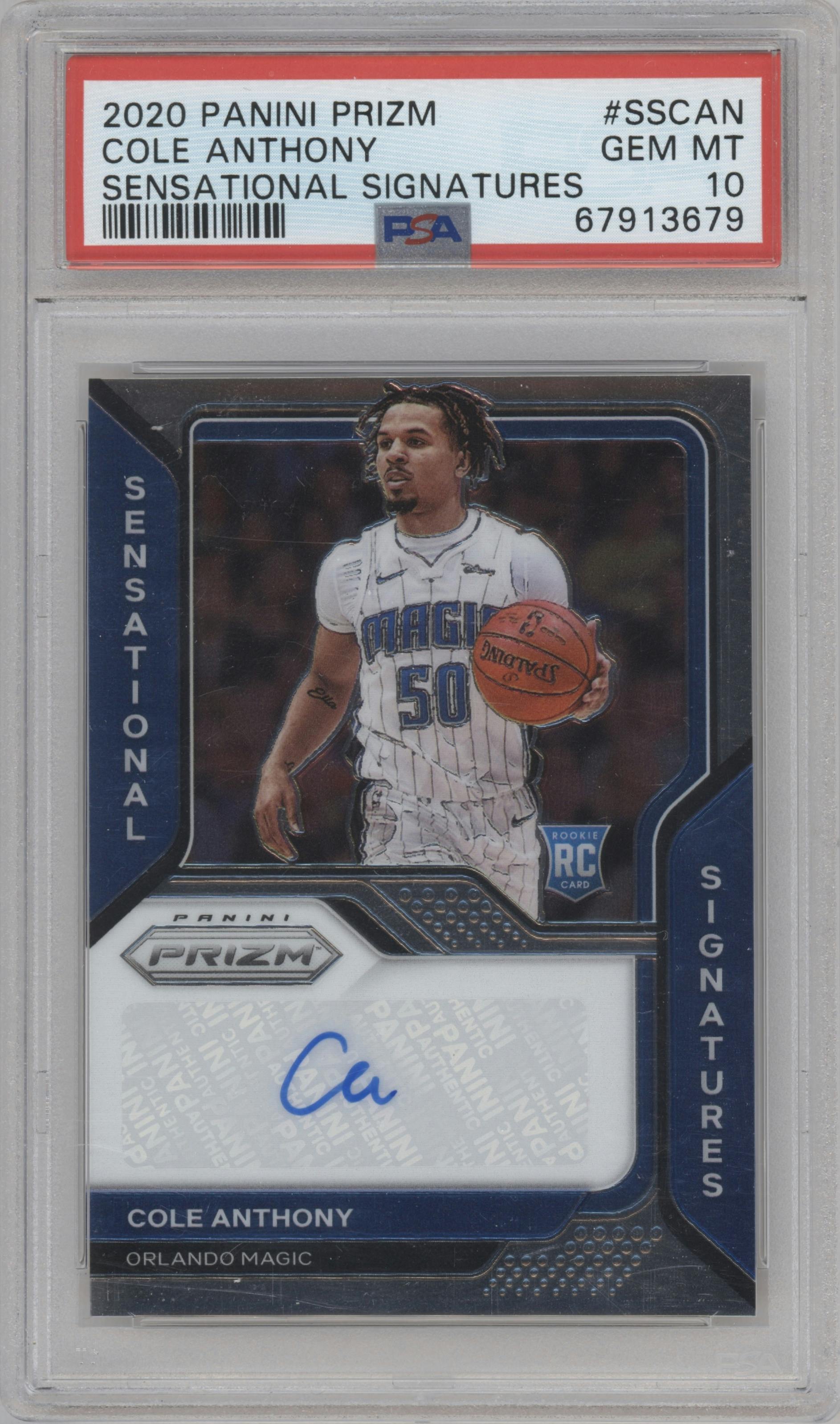 Cole Anthony from the 2020-21 Panini Prizm set graded by PSA and given an overall grade of 10.