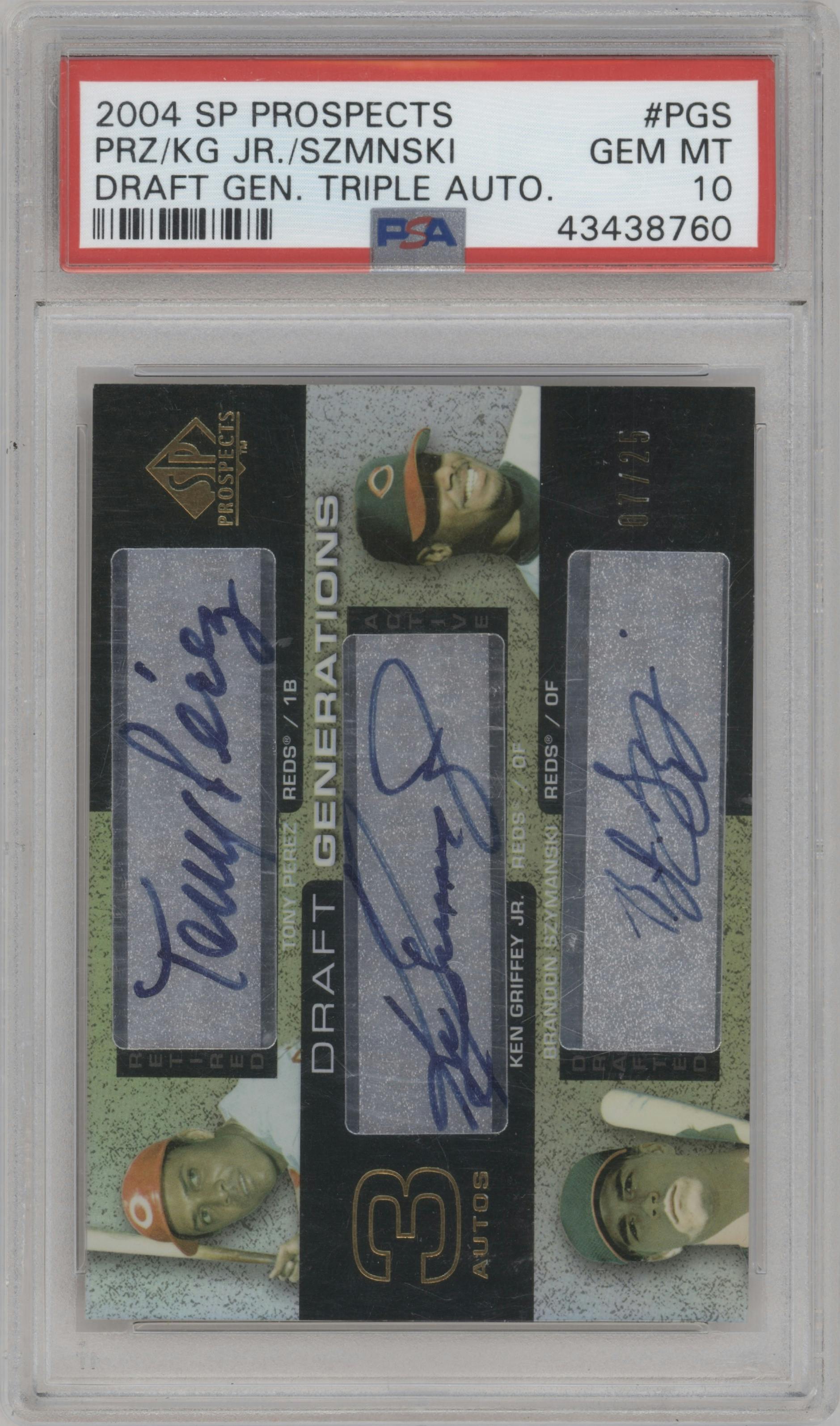  Tony Perez/Ken Griffey Jr./Brandon Szymanski  from the 2004 SP Prospects set graded by PSA and given an overall grade of 10.