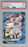 Jordan Travis from the 2024 Panini Prizm set featuring a Blue Ice parallel graded by PSA and given an overall grade of 9.