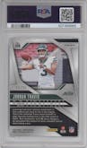Jordan Travis from the 2024 Panini Prizm set featuring a Blue Ice parallel graded by PSA and given an overall grade of 9.