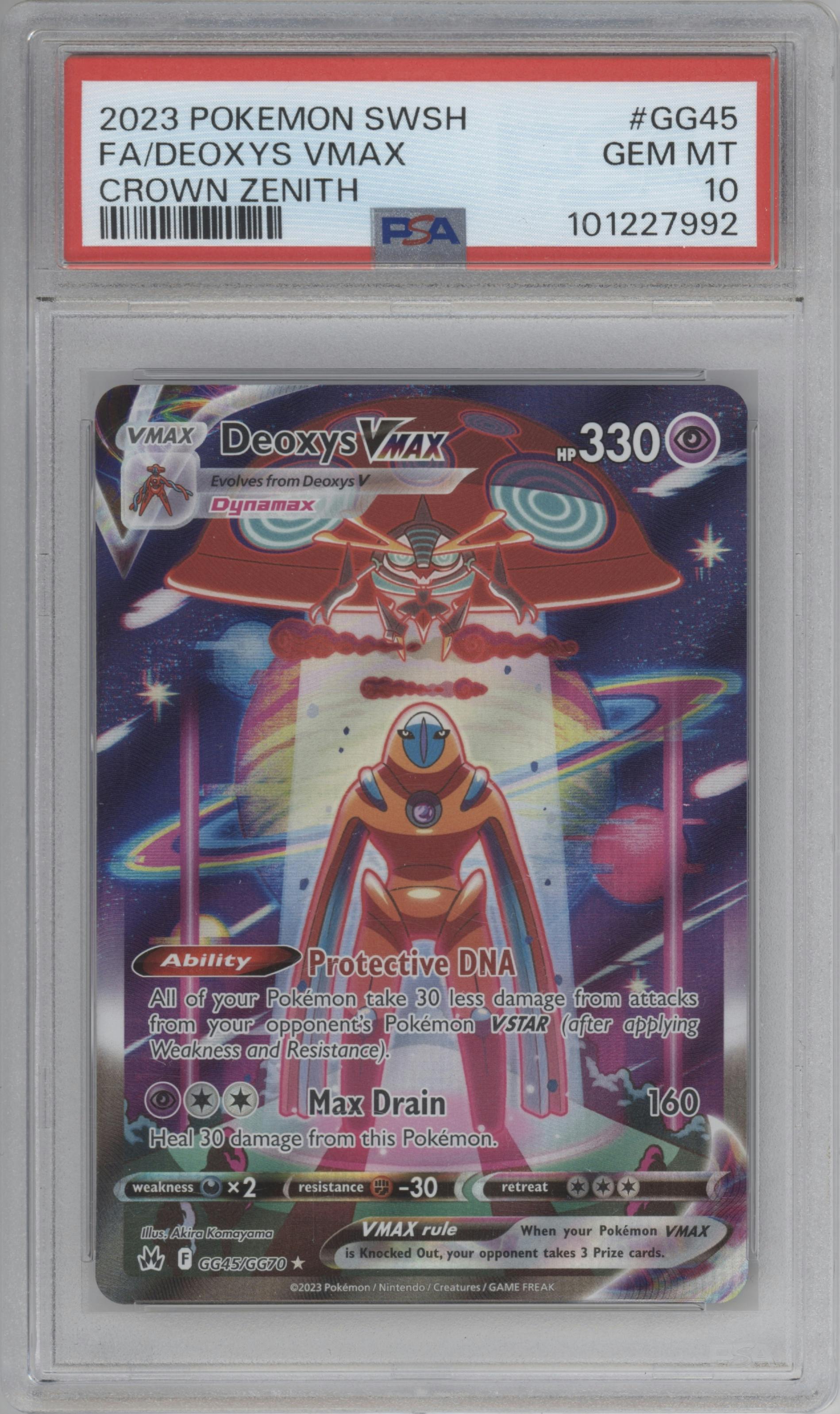 Deoxys VMAX from the 2023 Pokemon SWSH set graded by PSA and given an overall grade of 10.