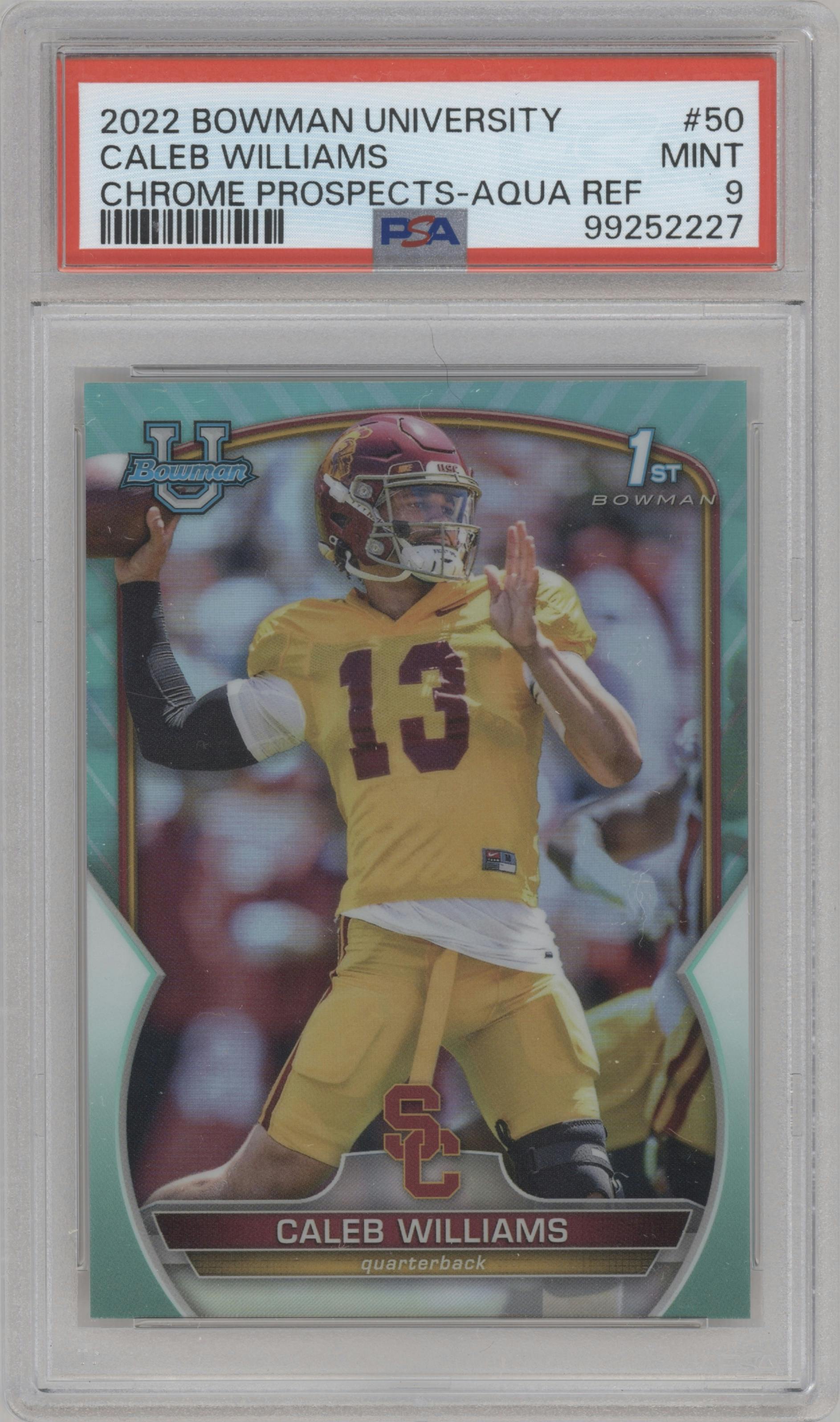 Caleb Williams from the 2022 Bowman University Chrome set featuring a Aqua Refractor  parallel graded by PSA and given an overall grade of 9.