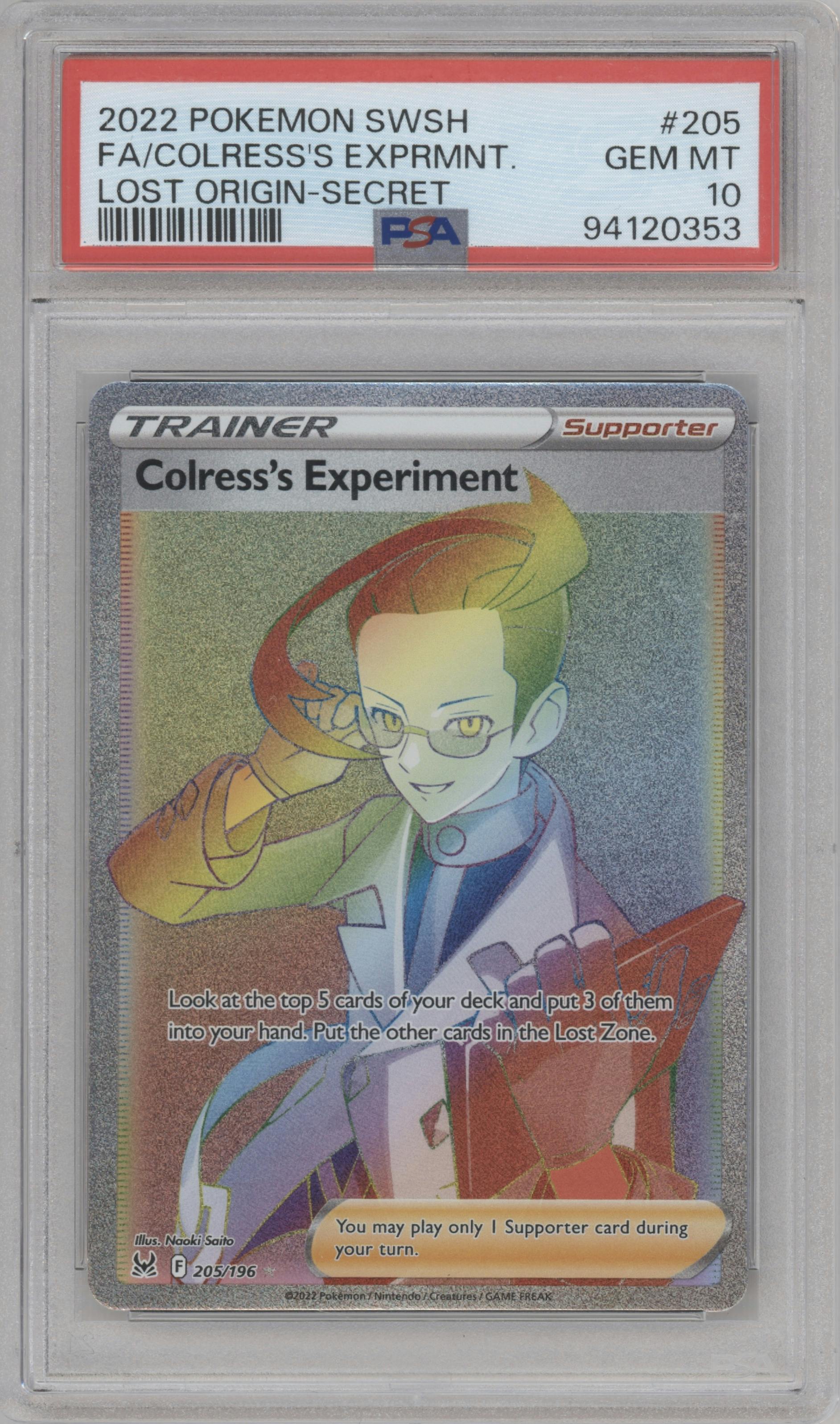 Colress's Experiment from the 2022 Pokemon SWSH set graded by PSA and given an overall grade of 10.