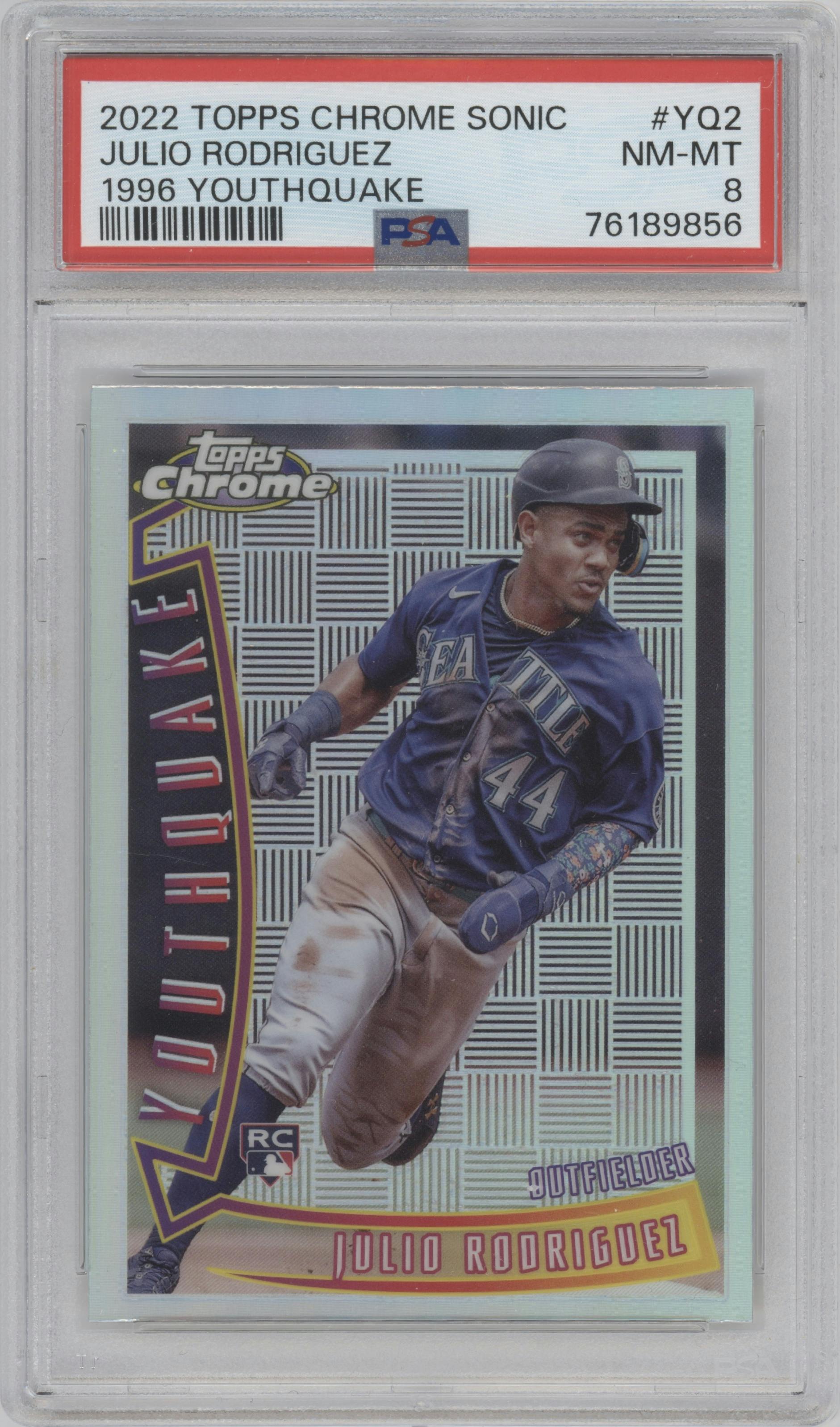 Julio Rodriguez from the 2022 Topps Chrome Sonic  set graded by PSA and given an overall grade of 8.