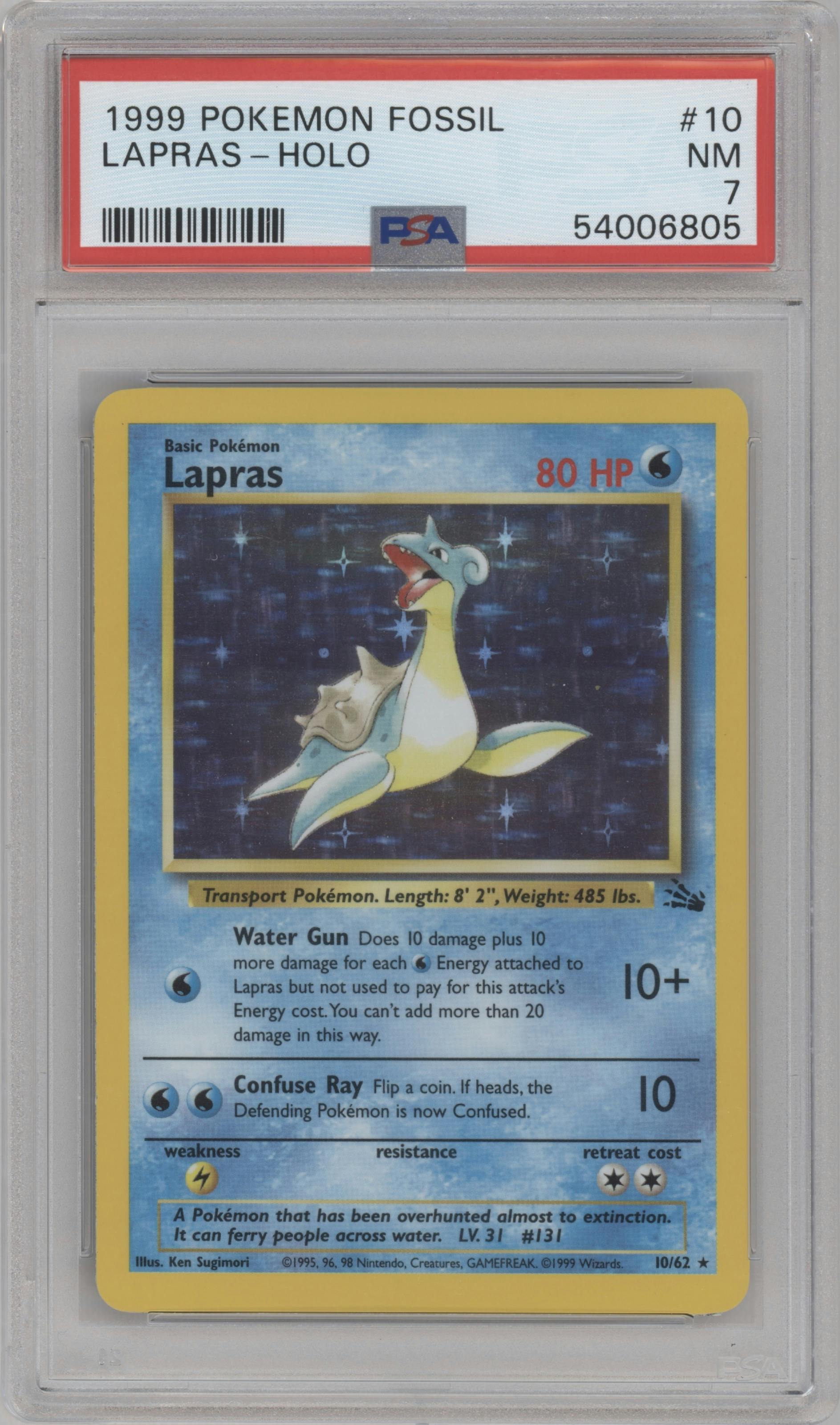Lapras from the 1999 Pokemon set graded by PSA and given an overall grade of 7.
