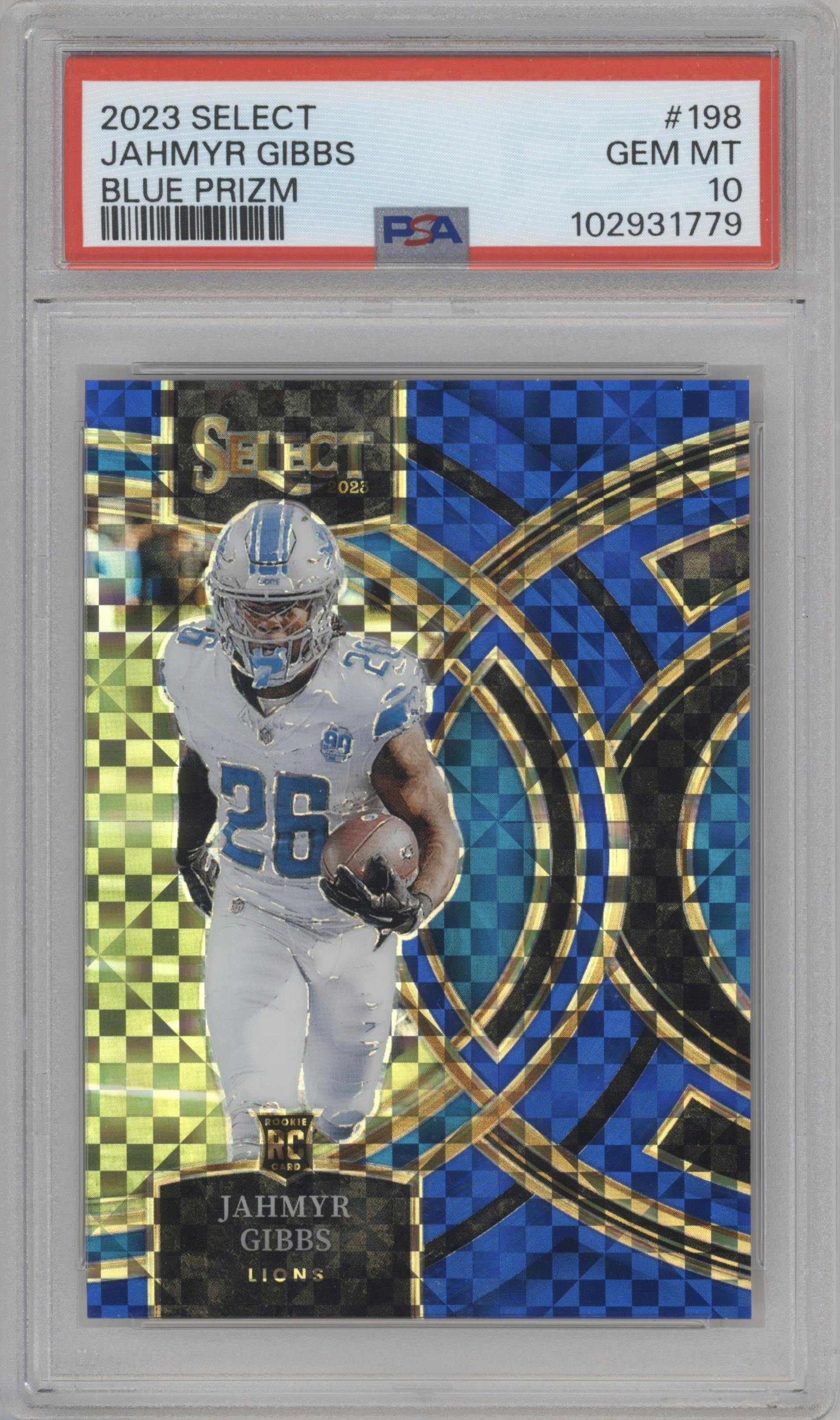  Jahmyr Gibbs from the 2023 Panini Select set featuring a Blue Prizm parallel graded by PSA and given an overall grade of 10.