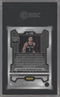 Victor Wembanyama from the 2023-24 Panini Prizm set featuring a Green Prizm parallel graded by SGC and given an overall grade of 10.