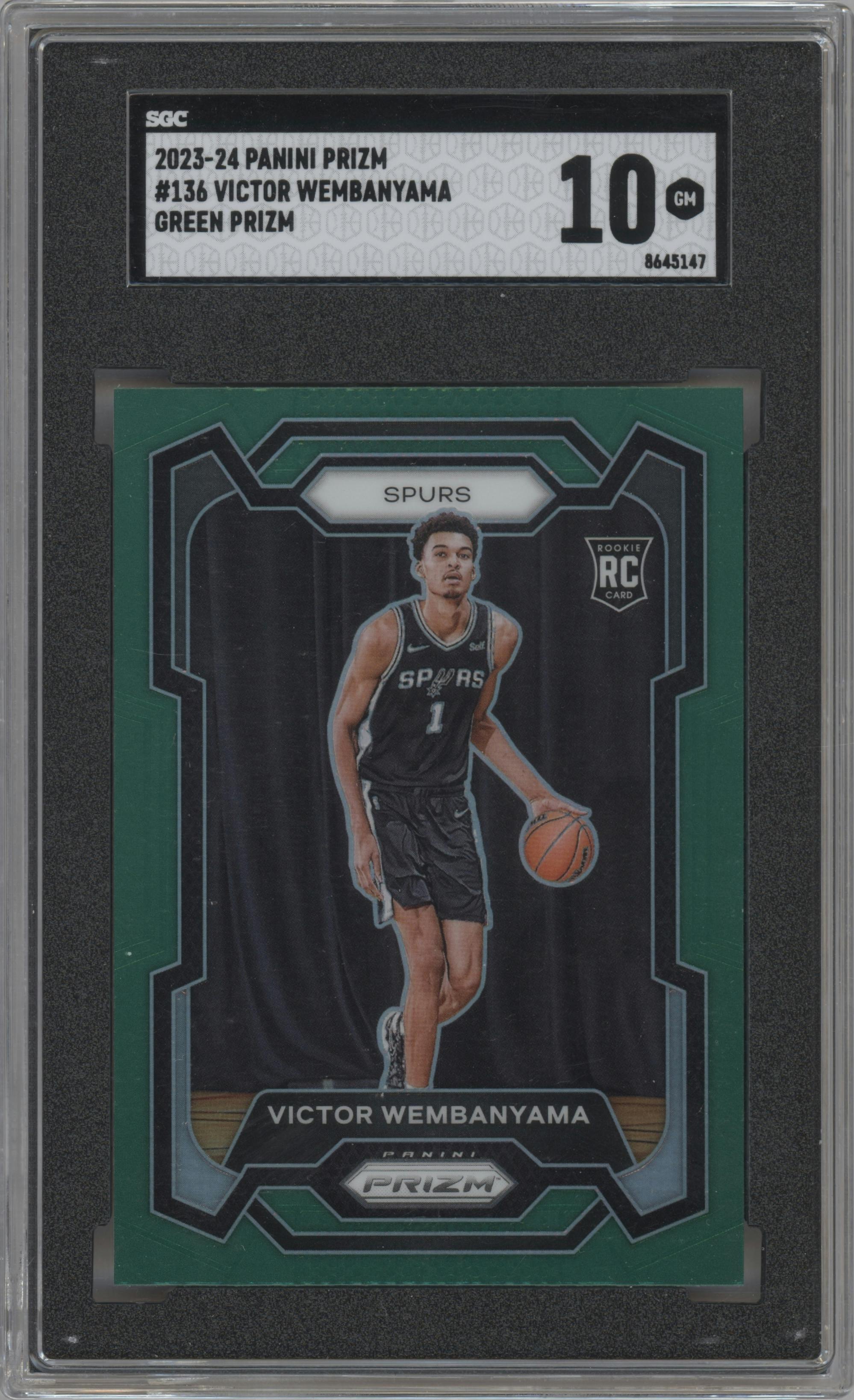 Victor Wembanyama from the 2023-24 Panini Prizm set featuring a Green Prizm parallel graded by SGC and given an overall grade of 10.