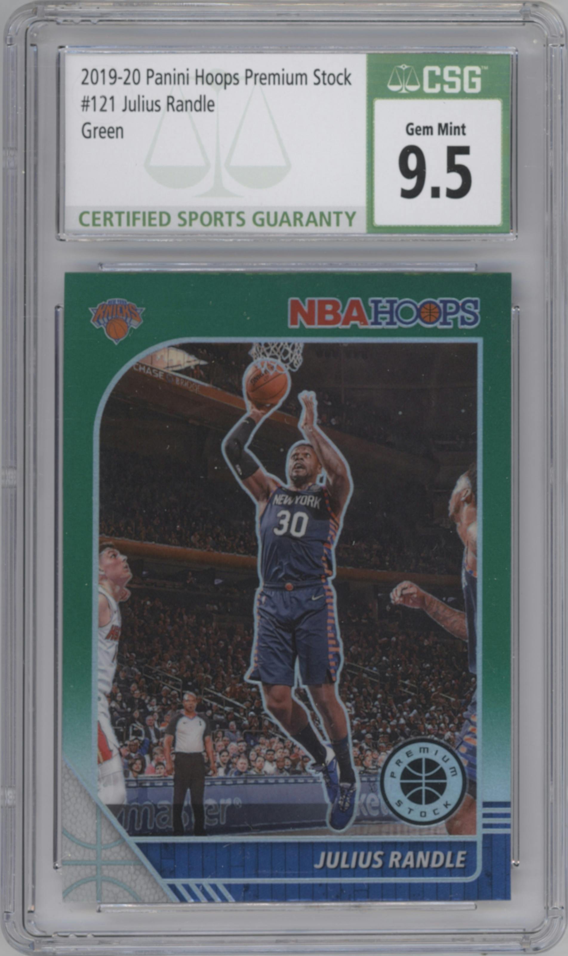 Julius Randle from the 2019-20 Panini Hoops Premium Stock set featuring a Green  parallel graded by CSG and given an overall grade of 9.5.