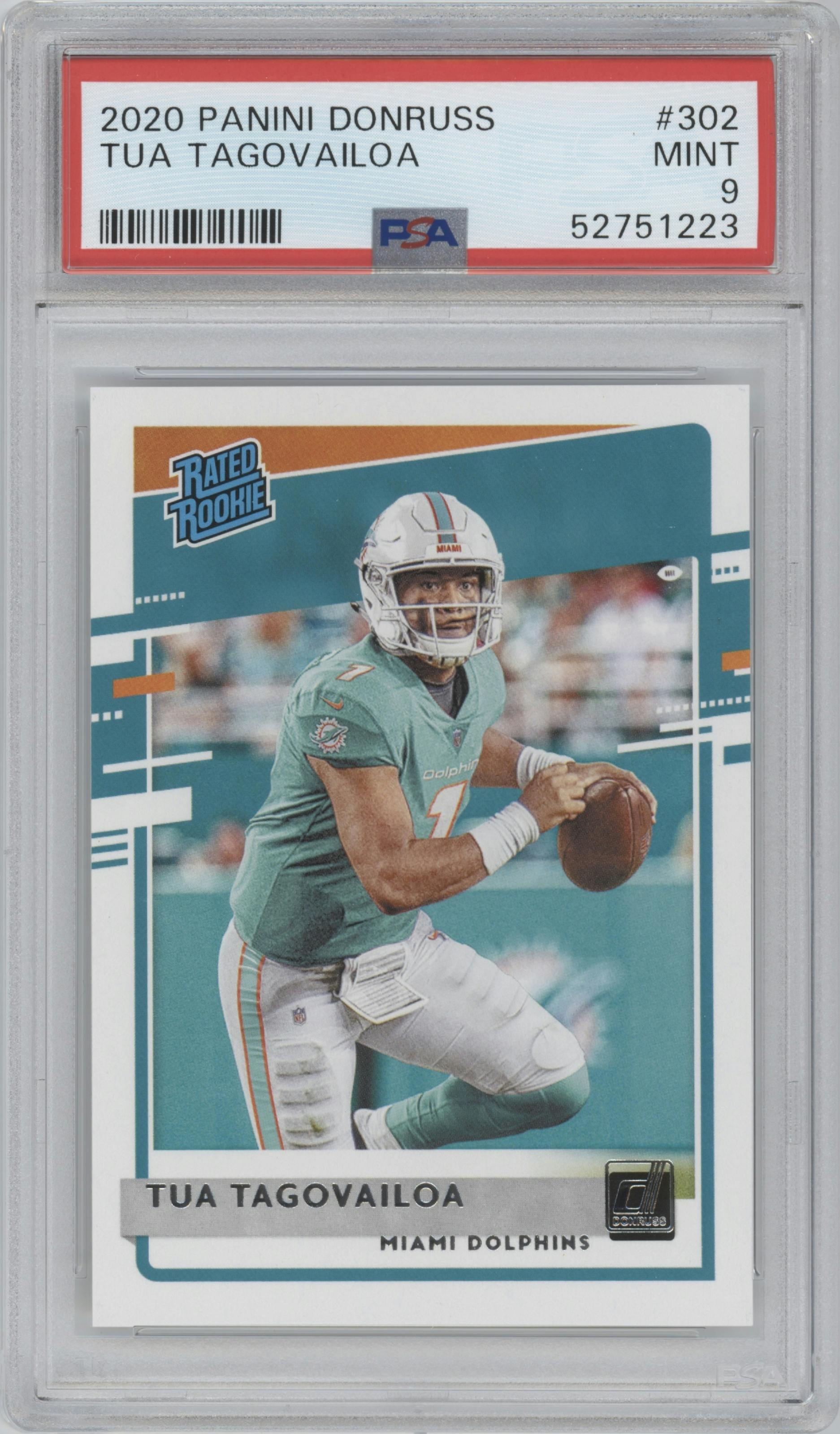 Tua Tagovailoa from the 2020 Panini Donruss set graded by PSA and given an overall grade of 9.