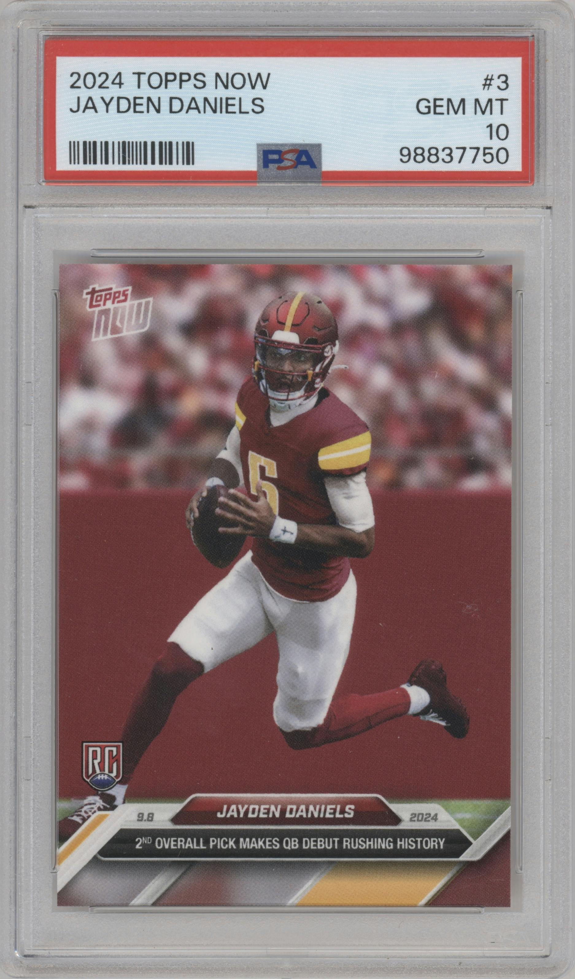 Jayden Daniels from the 2024 Topps Now set graded by PSA and given an overall grade of 10.