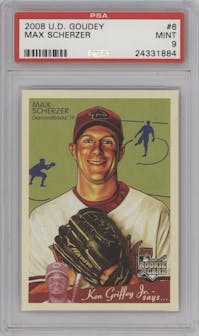 Max Scherzer from the 2008 Upper Deck Goudey set graded by PSA and given an overall grade of 9.