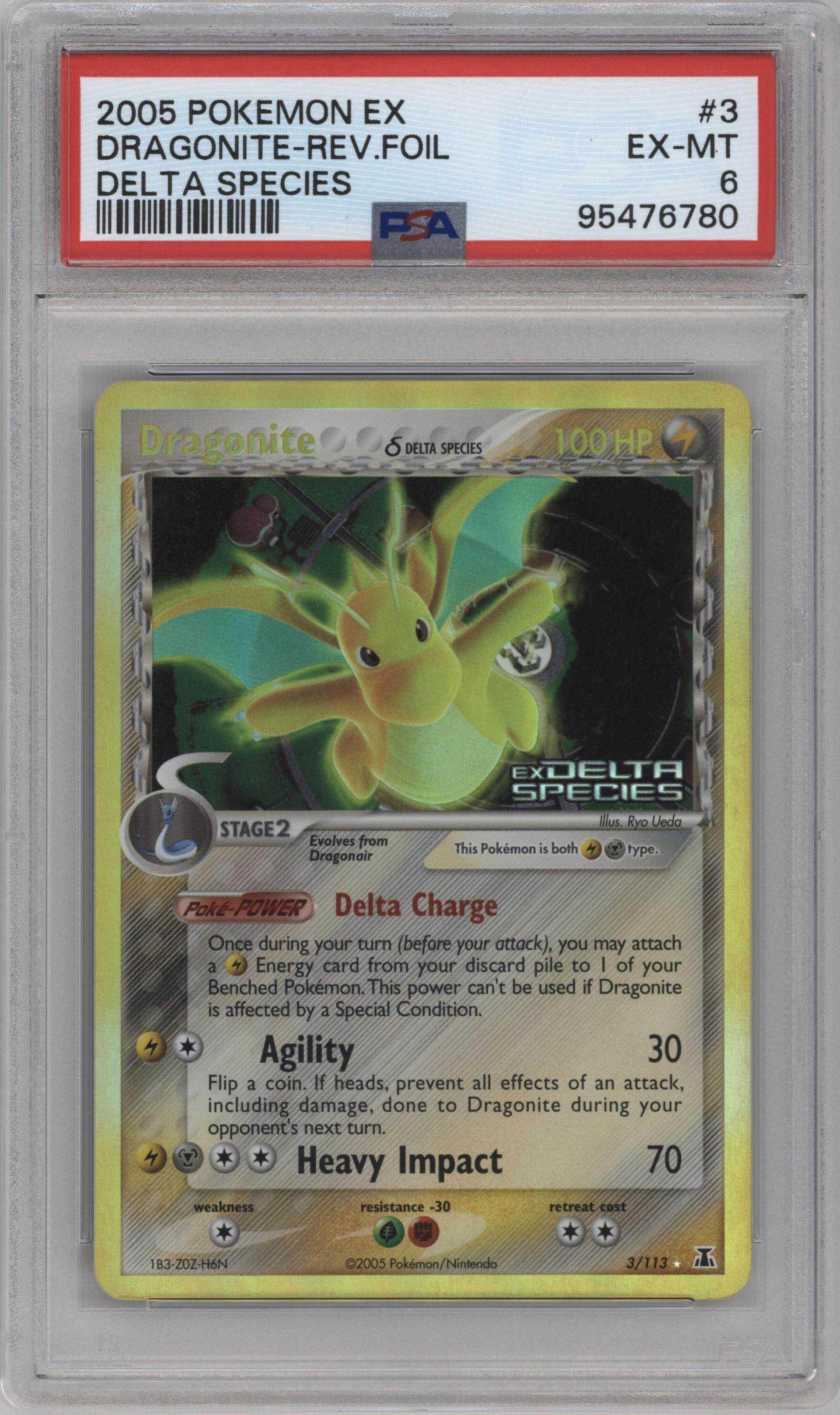 Dragonite from the 2005 Pokemon EX set graded by PSA and given an overall grade of 6.