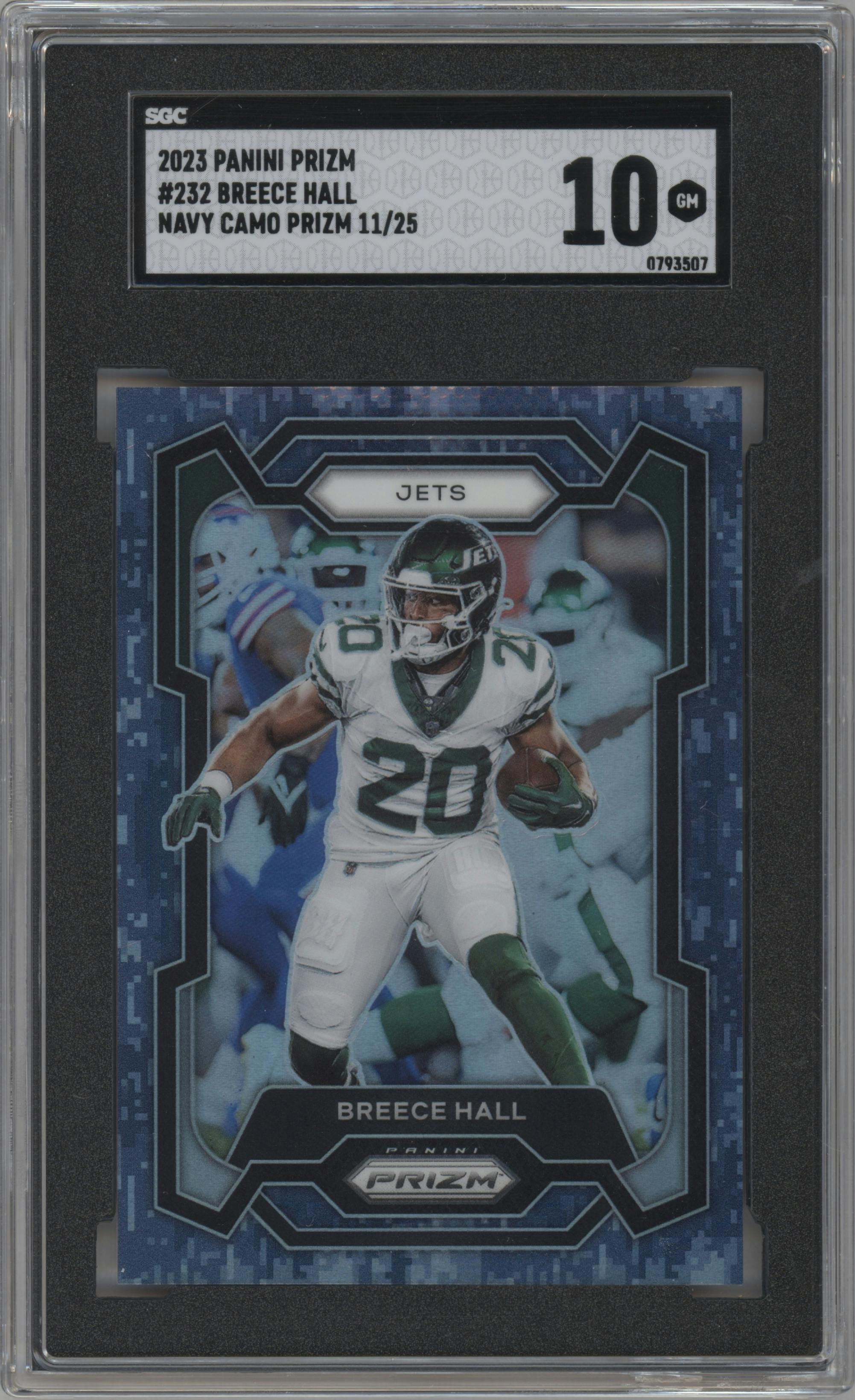 Breece Hall from the 2023 Panini Prizm set featuring a Navy Camo parallel graded by SGC and given an overall grade of 10.