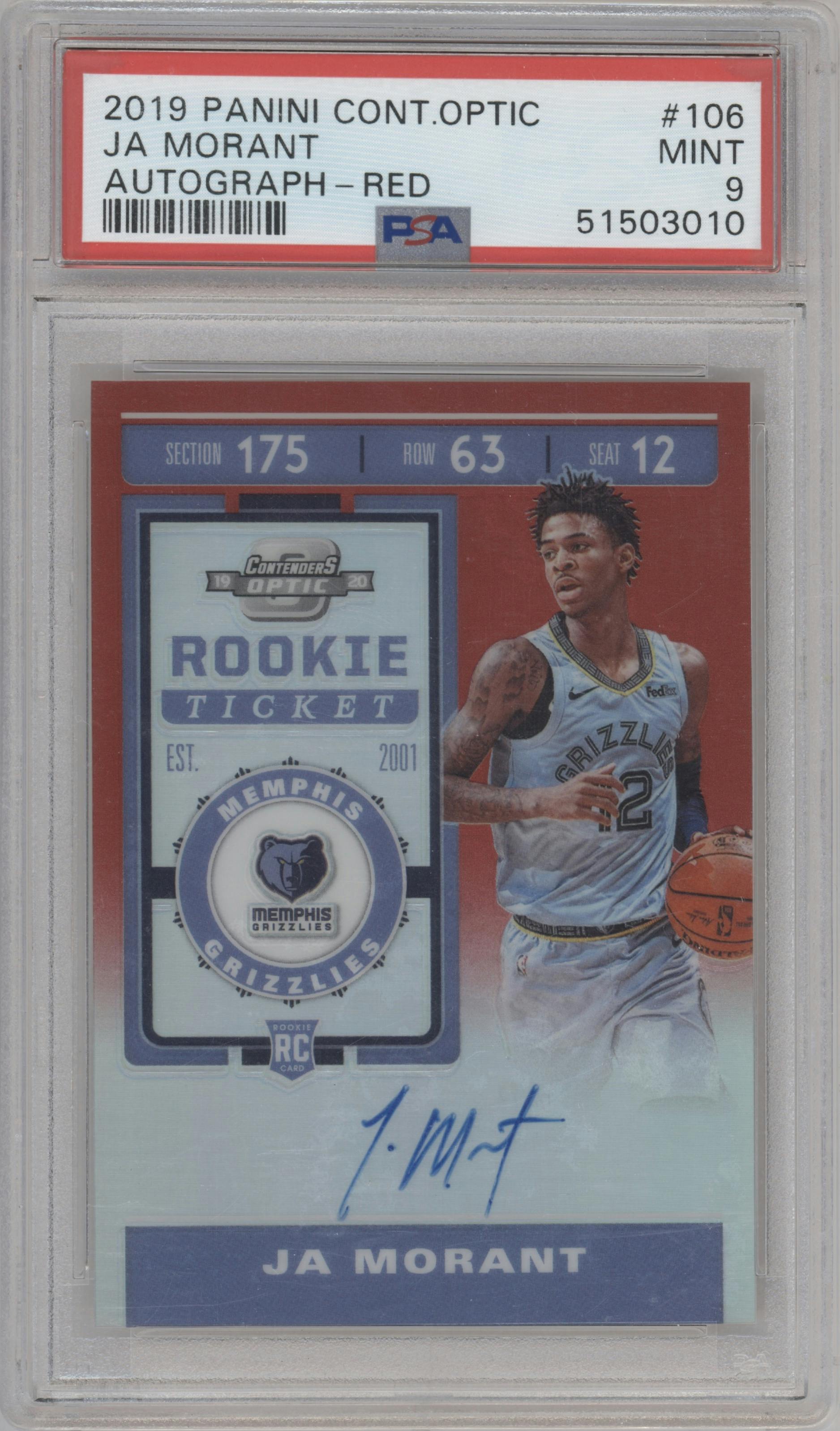 Ja Morant from the 2019-20 Panini Contenders Optic set featuring a Red parallel graded by PSA and given an overall grade of 9.