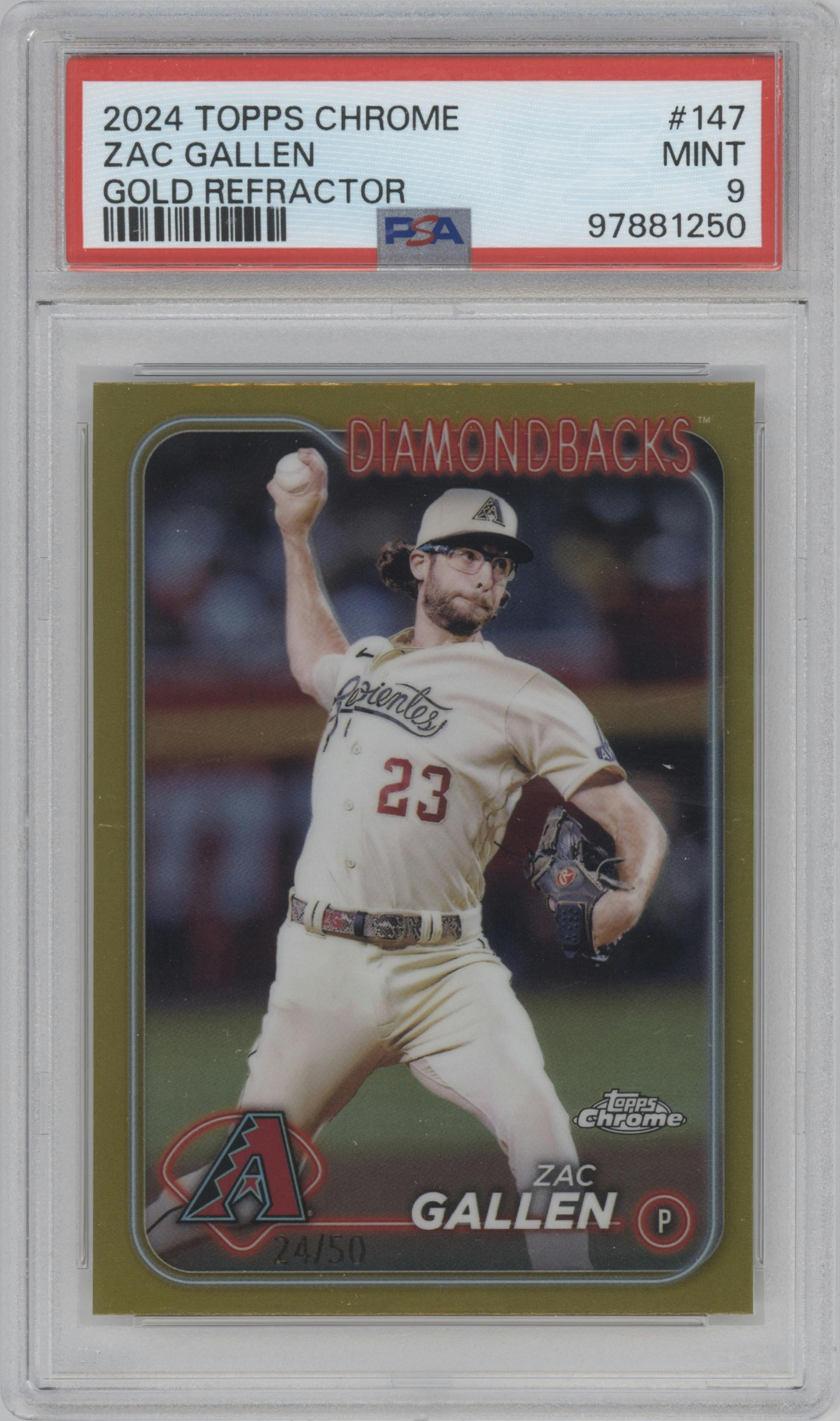 Zac Gallen from the 2024 Topps Chrome set featuring a Gold Refractor parallel graded by PSA and given an overall grade of 9.