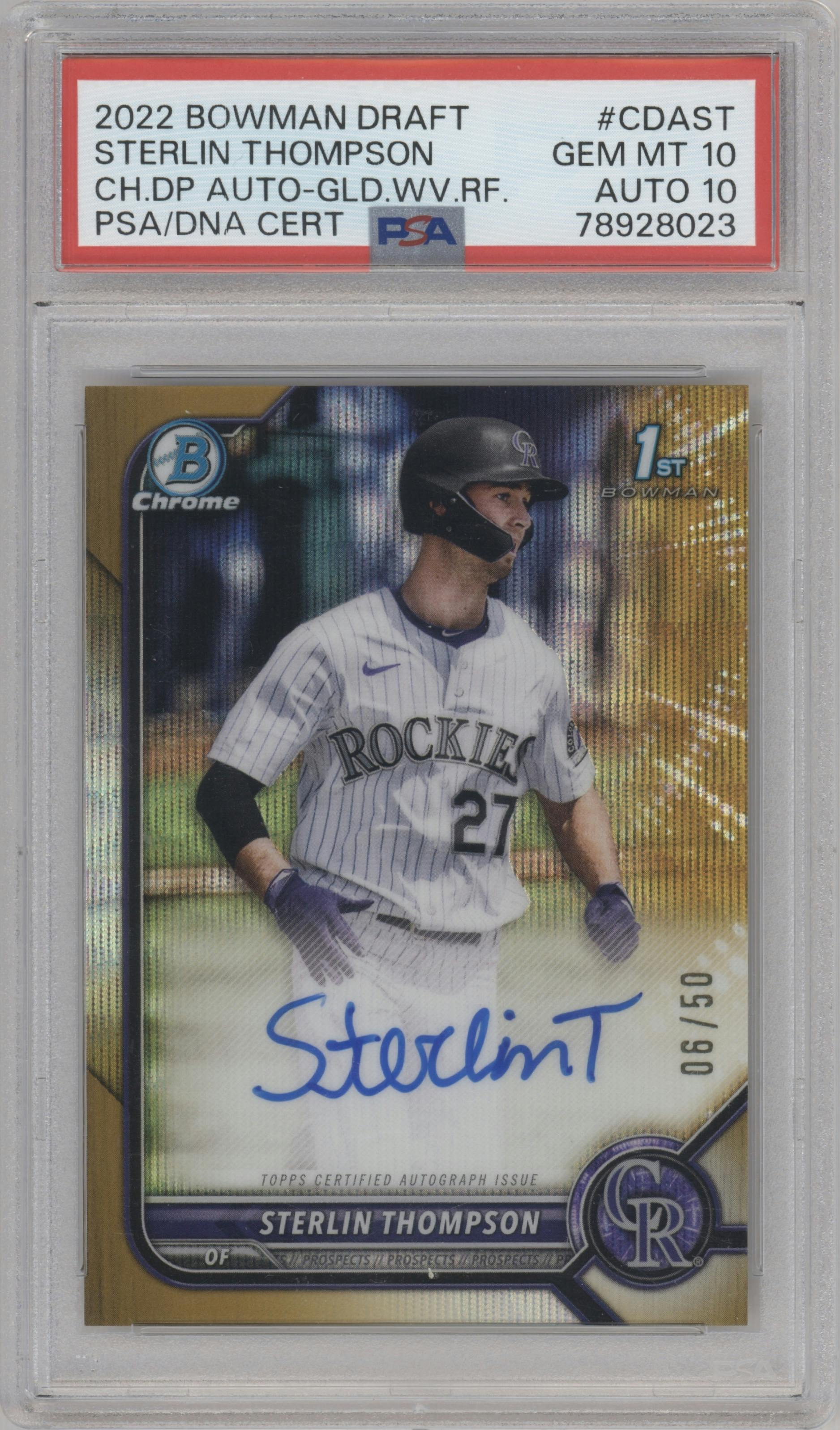 Sterlin Thompson from the 2022 Bowman Draft set featuring a Gold Wave Refractor parallel graded by PSA and given an overall grade of 10.