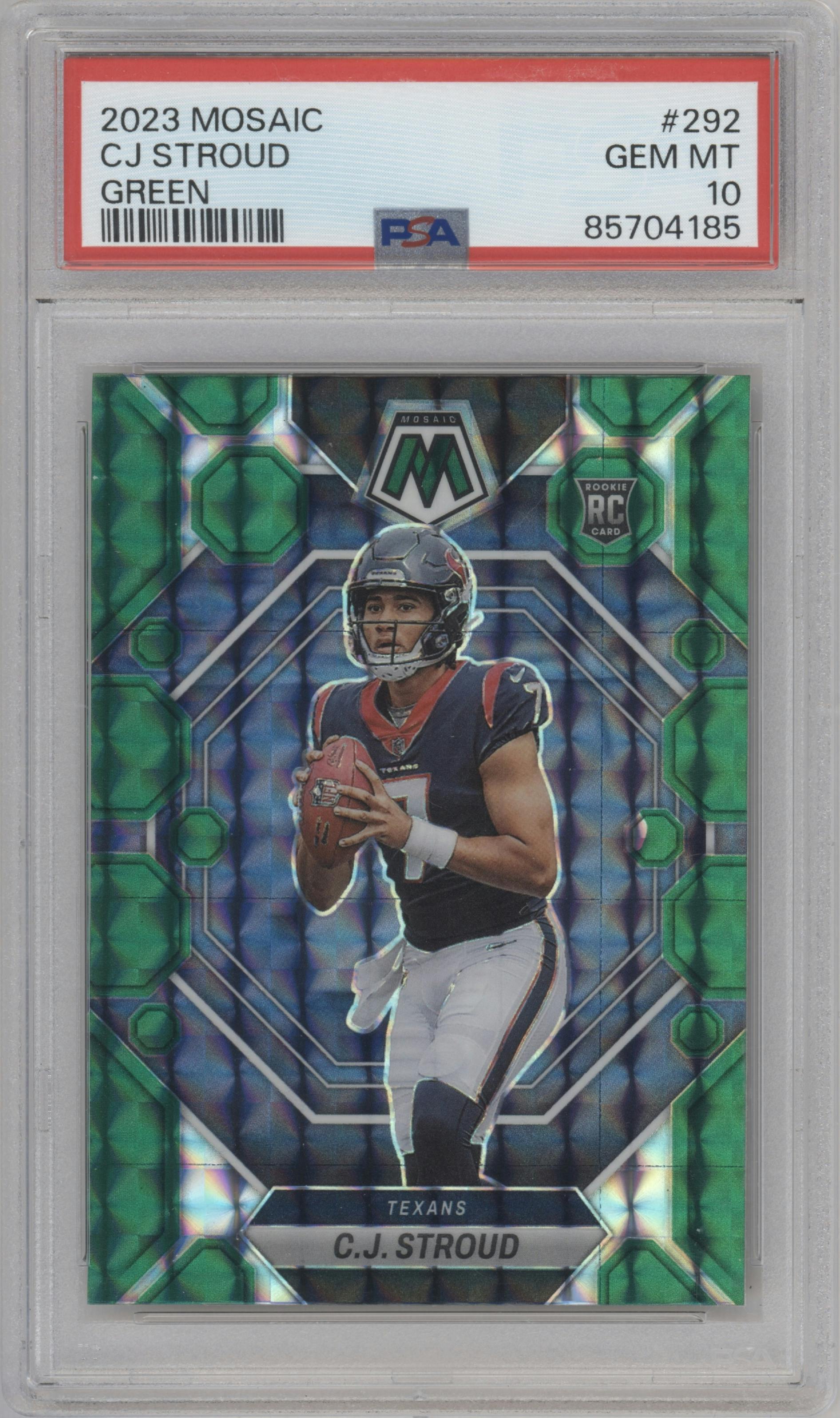 C.J. Stroud from the 2023 Panini Mosaic set featuring a Green Mosaic parallel graded by PSA and given an overall grade of 10.