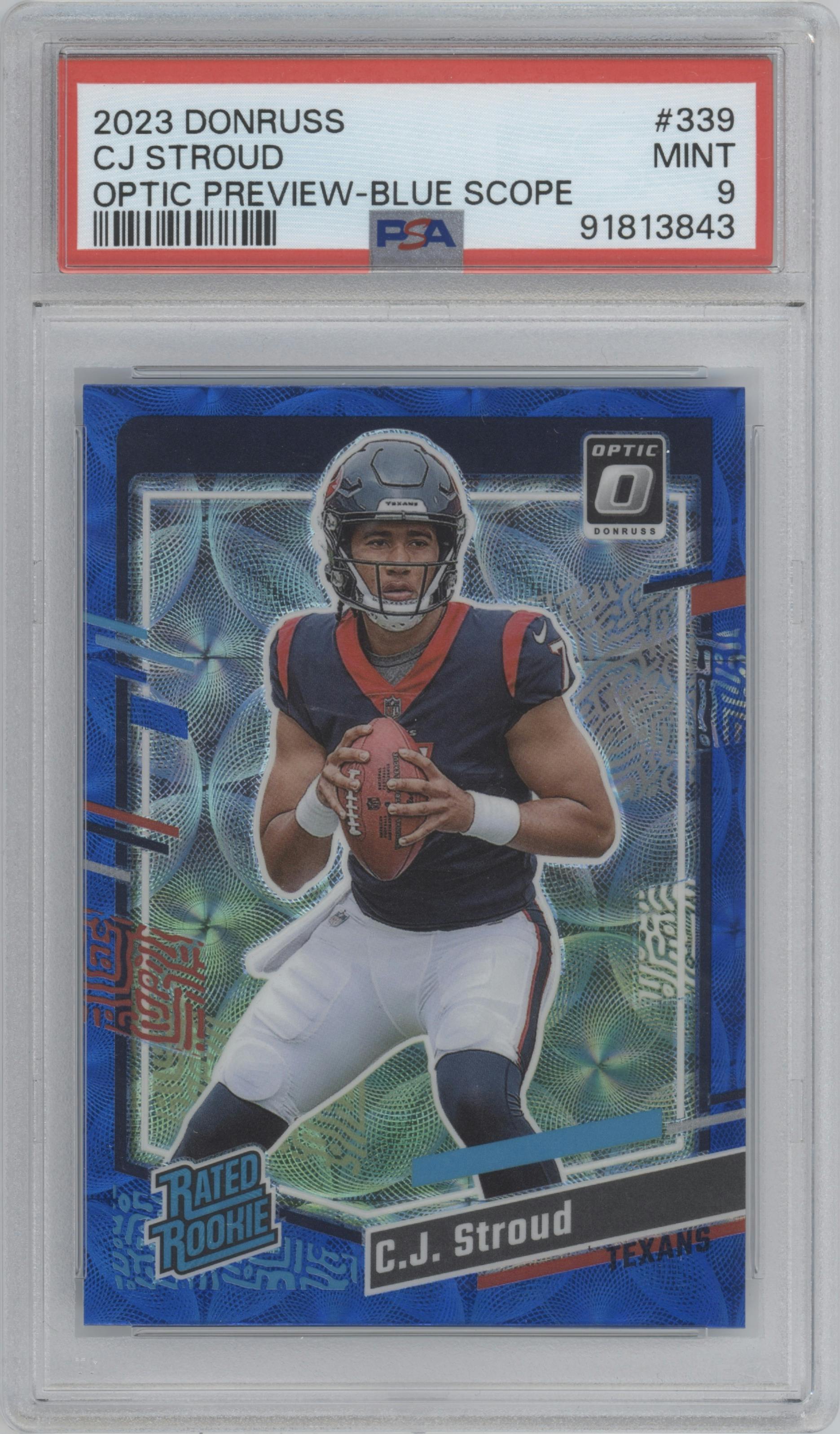 C.J. Stroud from the 2023 Panini Donruss set featuring a Blue Scope parallel graded by PSA and given an overall grade of 9.