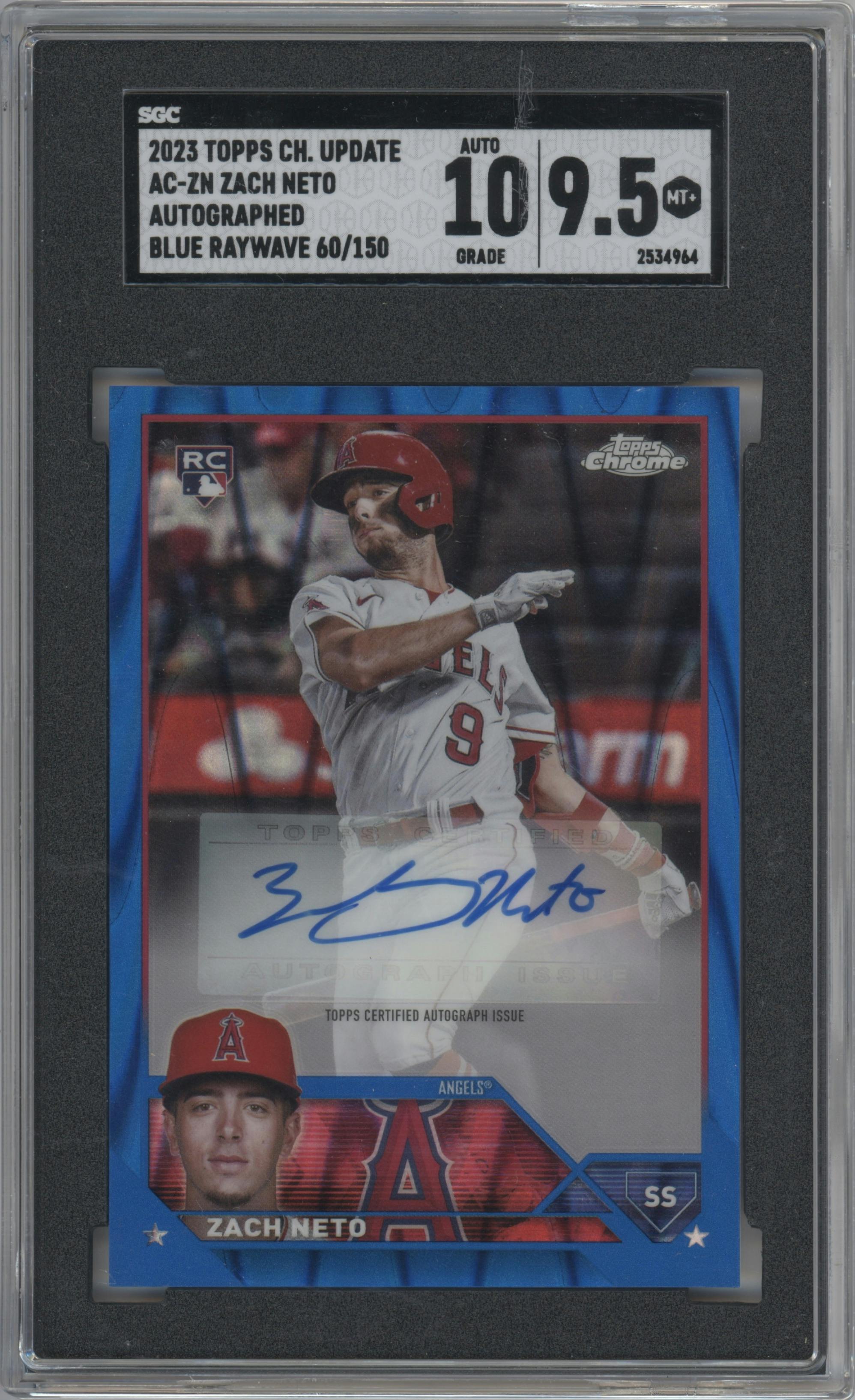Zach Neto from the 2023 Topps Chrome Update set featuring a Blue RayWave Refractor parallel graded by SGC and given an overall grade of 9.5.