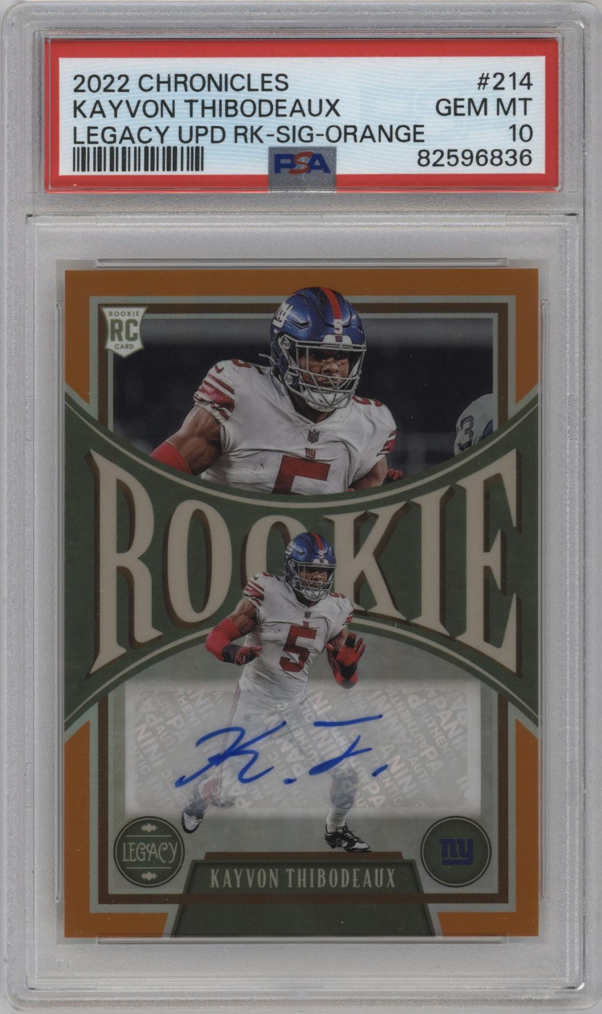 Kayvon Thibodeaux from the 2022 Panini Chronicles set featuring a Orange parallel graded by PSA and given an overall grade of 10.