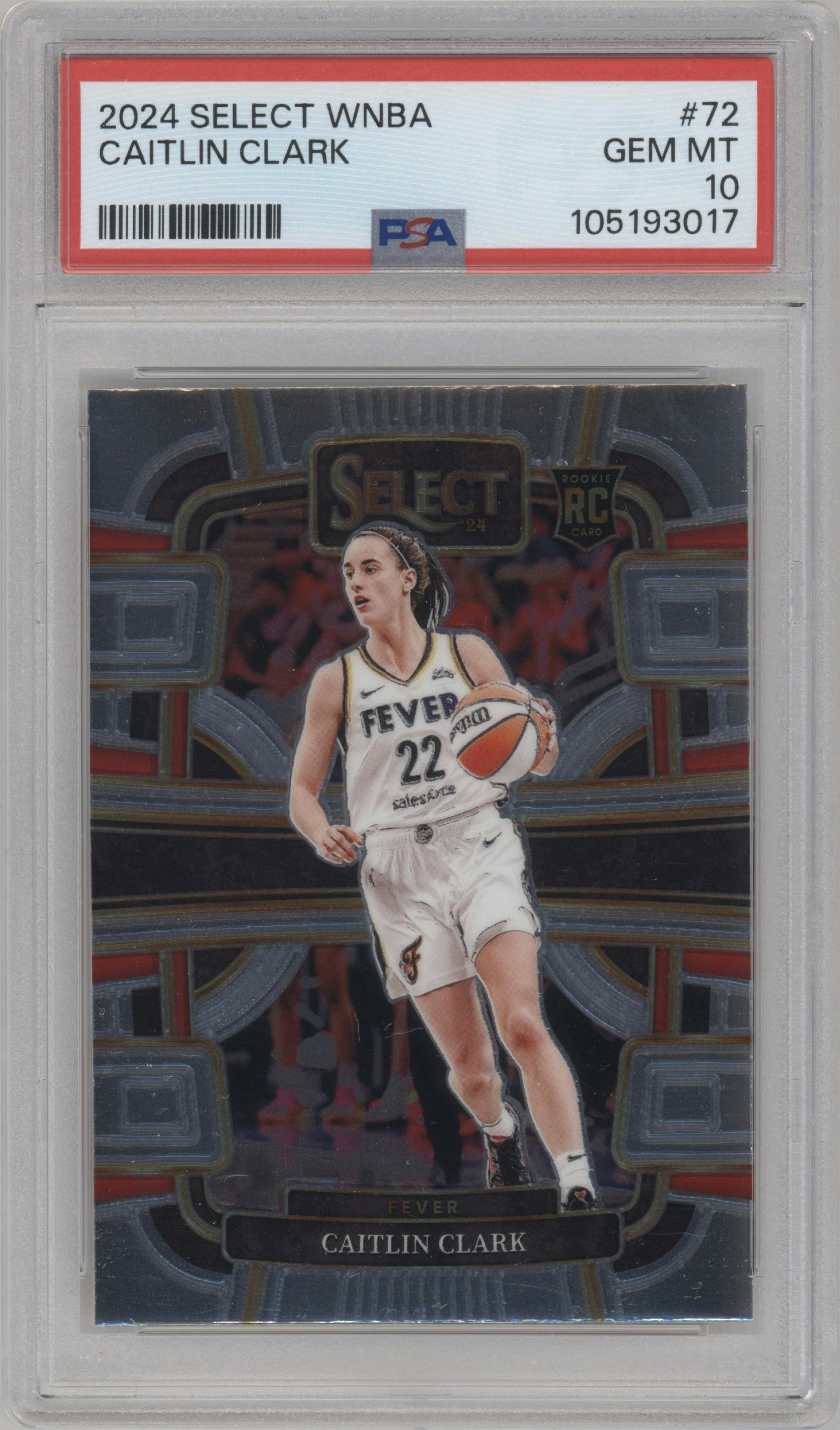 Caitlin Clark from the 2024 Panini Select WNBA set graded by PSA and given an overall grade of 10.