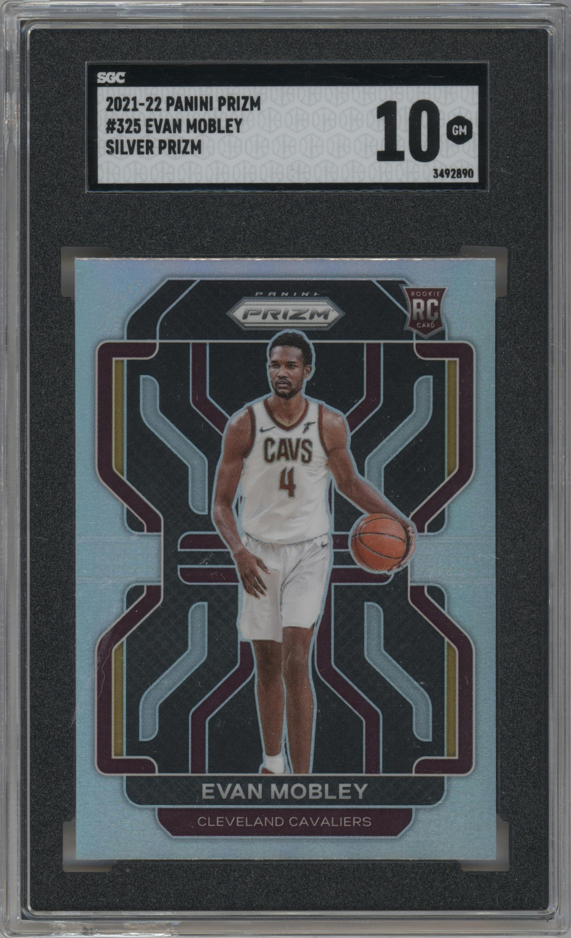 Evan Mobley from the 2021-22 Panini Prizm  set featuring a Silver Prizm parallel graded by SGC and given an overall grade of 10.
