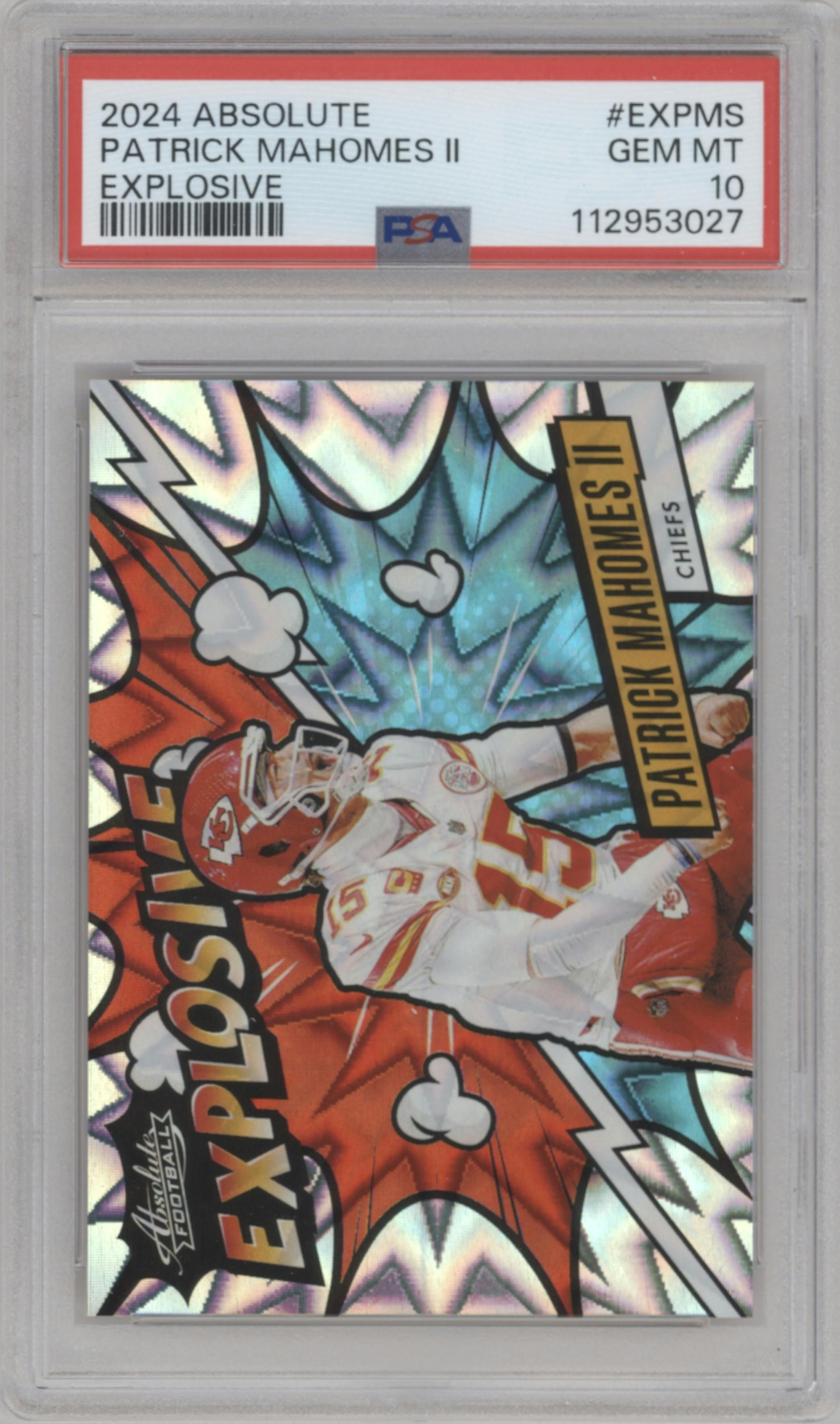 Patrick Mahomes II from the 2024 Panini Absolute set graded by PSA and given an overall grade of 10.