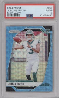 Jordan Travis from the 2024 Panini Prizm set featuring a Blue Wave Prizm parallel graded by PSA and given an overall grade of 9.