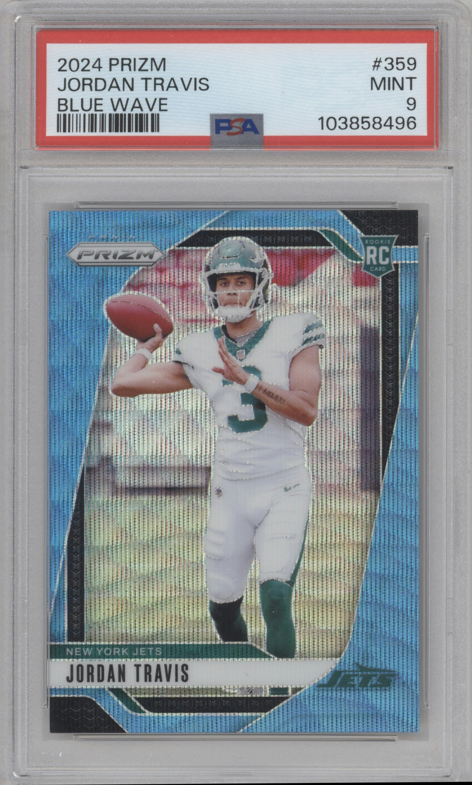 Jordan Travis from the 2024 Panini Prizm set featuring a Blue Wave Prizm parallel graded by PSA and given an overall grade of 9.