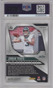 Jordan Travis from the 2024 Panini Prizm set featuring a Blue Wave Prizm parallel graded by PSA and given an overall grade of 9.