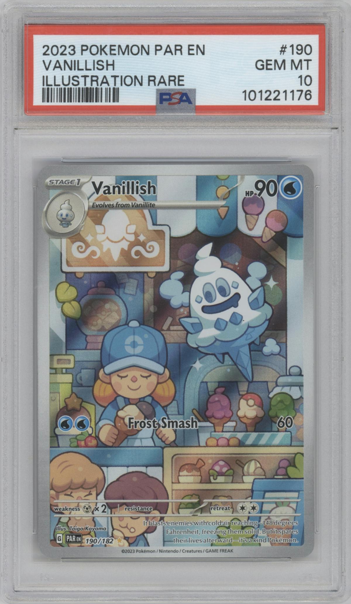 Vanillish from the 2023 Pokemon SV set graded by PSA and given an overall grade of 10.