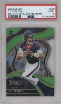C.J. Stroud from the 2023 Panini Select set featuring a Die-Cut Neon Green Prizm parallel graded by PSA and given an overall grade of 9.